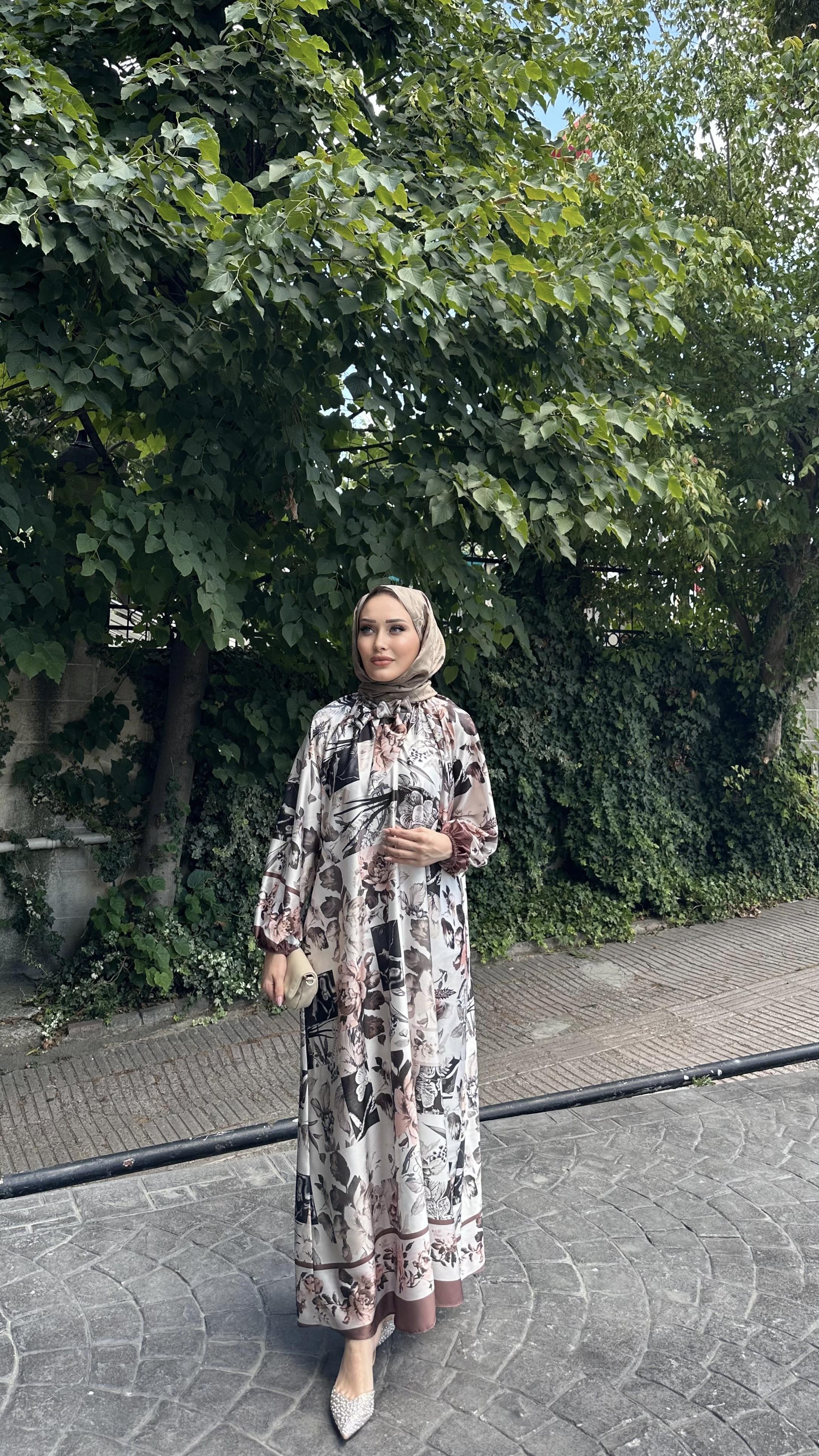 Çiçek Desen Luxury Elbise KAHVERENGİ