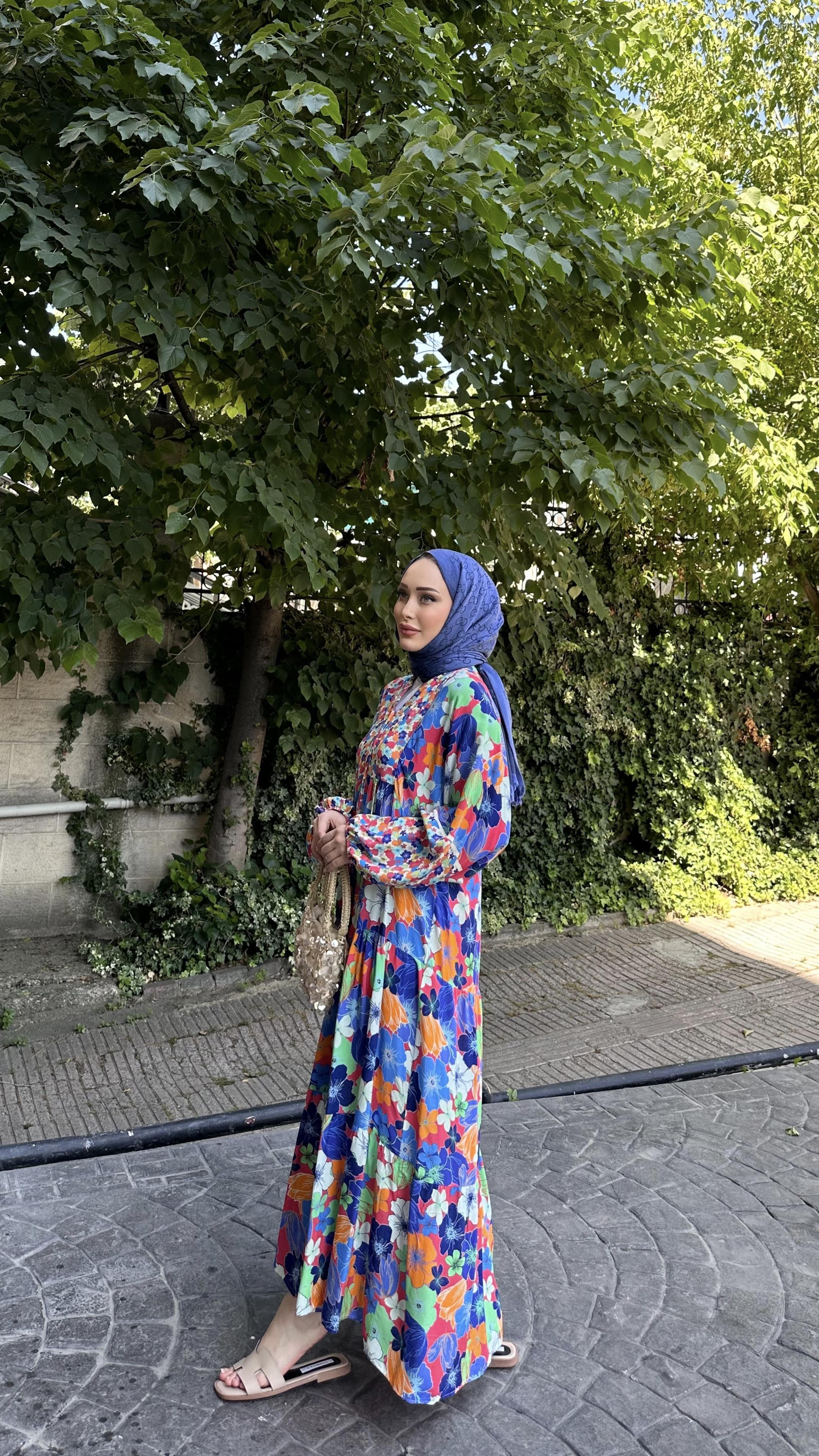 Çiçekli Viskon Elbise MAVİ