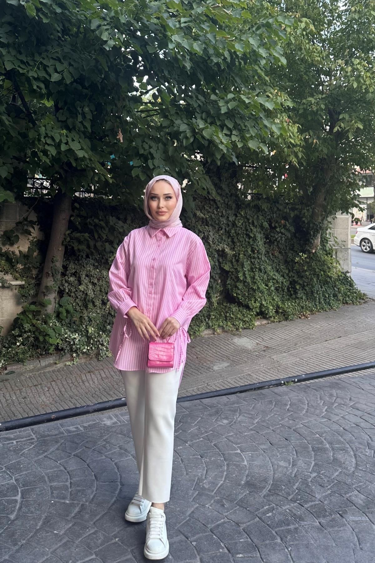 Çizgi Desen Poplin Gömlek PEMBE