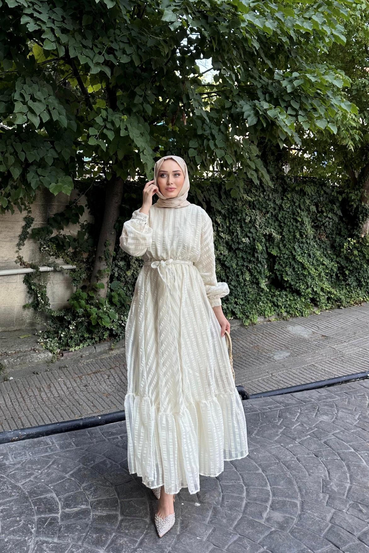 Çizgili Organze Elbise KREM