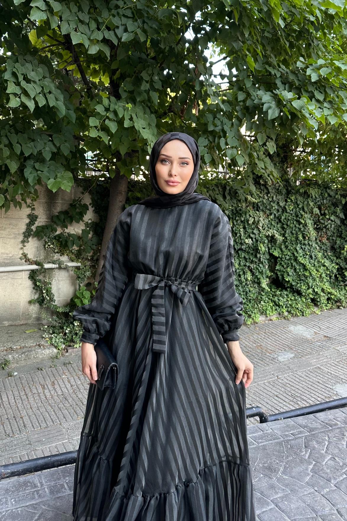Çizgili Organze Elbise SİYAH