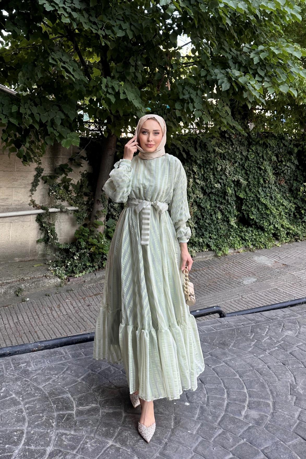 Çizgili Organze Elbise YEŞİL