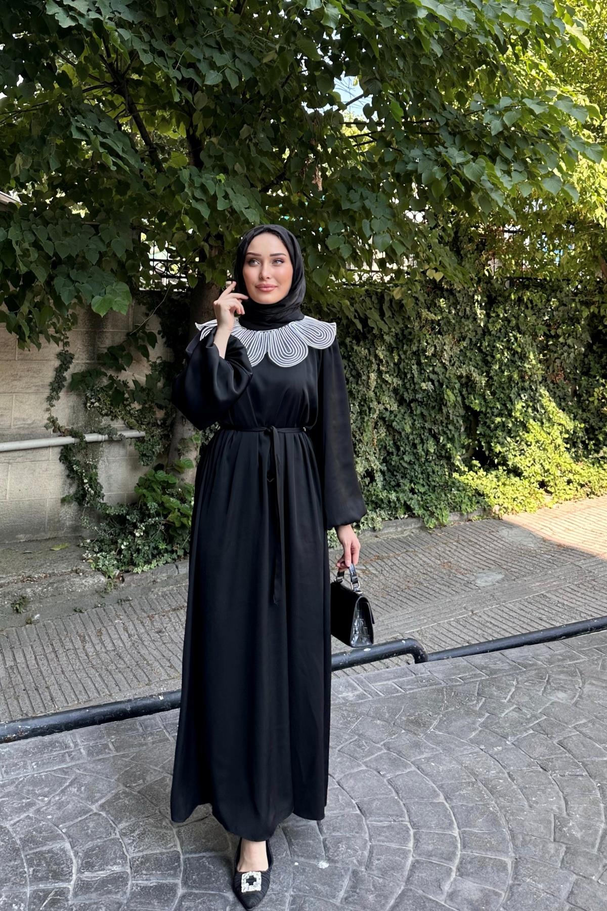 Dantel Yaka Saten Elbise SİYAH