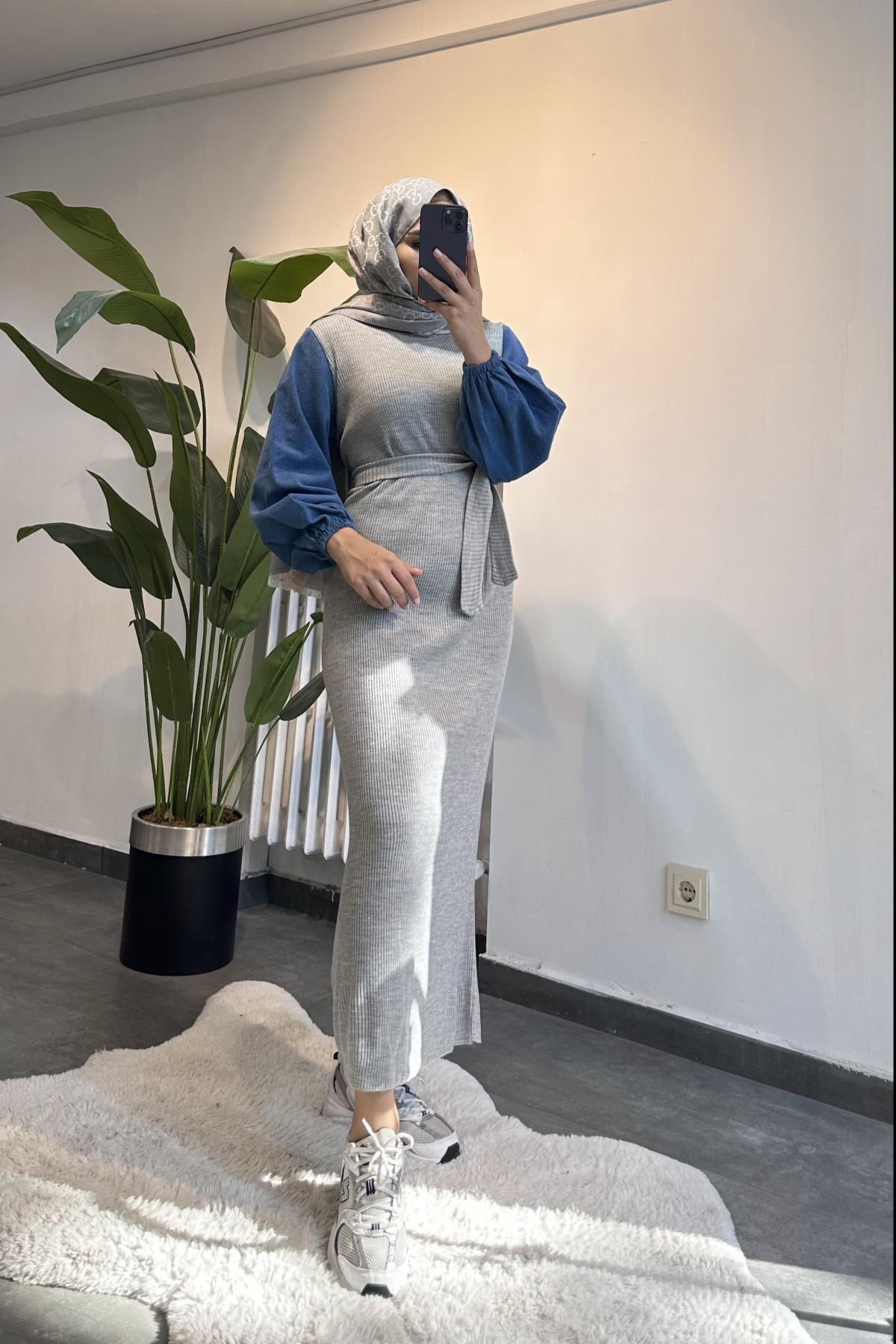 Denim Kol Detay Triko Elbise GRİ