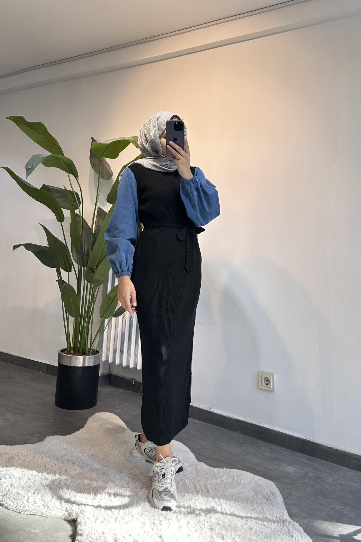 Denim Kol Detay Triko Elbise SİYAH