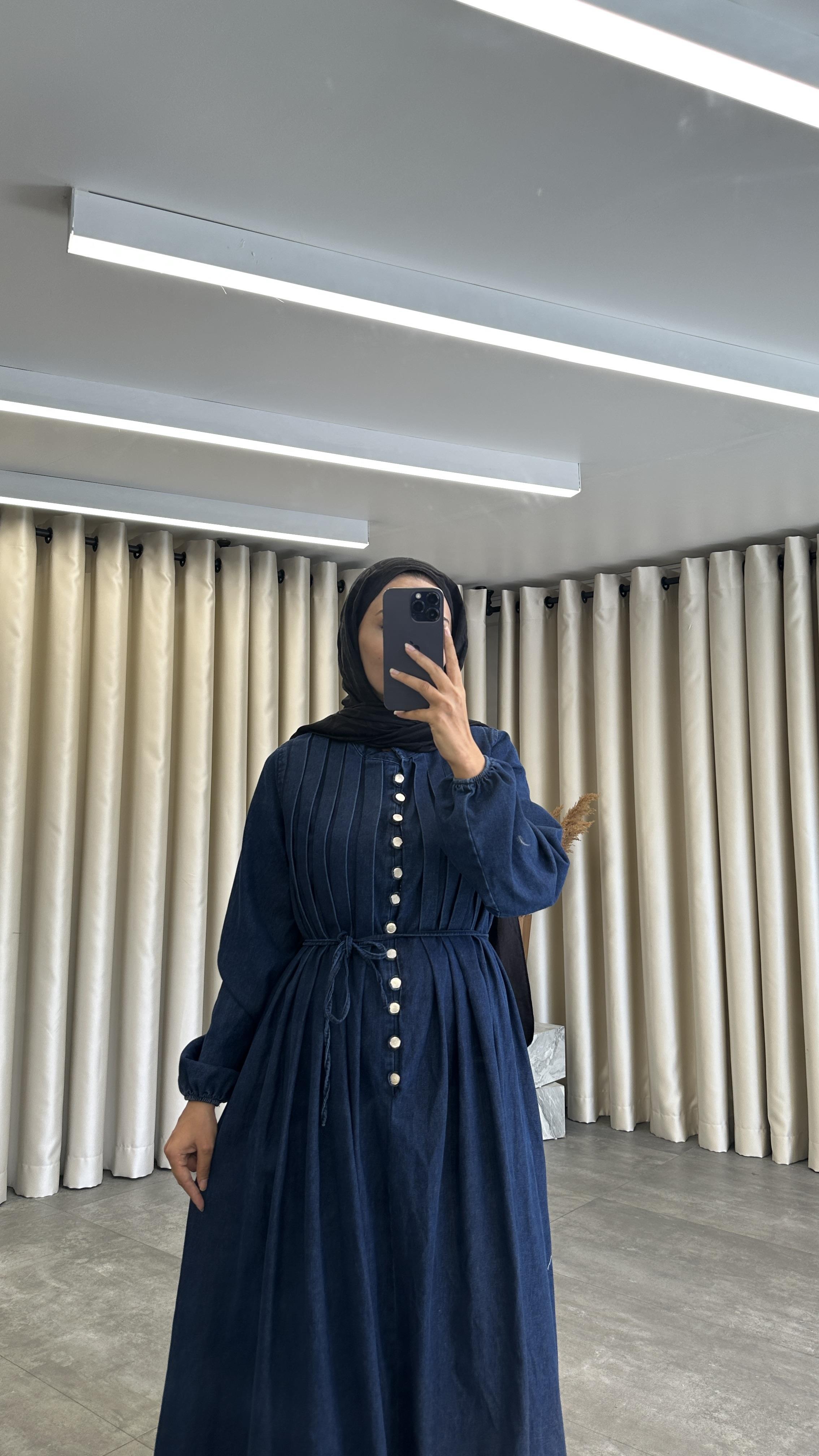 Elina Pileli Denim Koyu Mav Elbise 