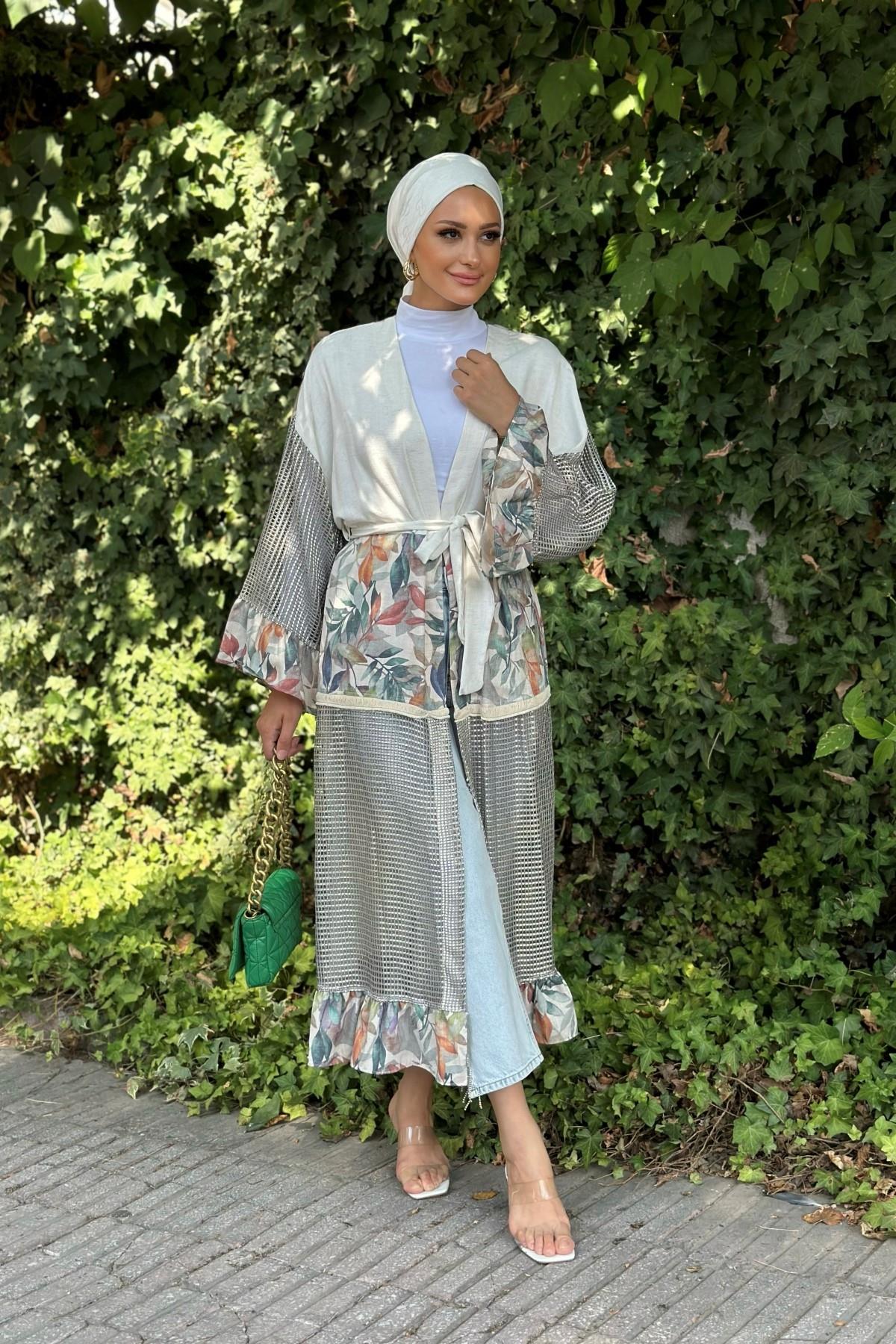 File Detay Çiçek Desen Kimono BEYAZ