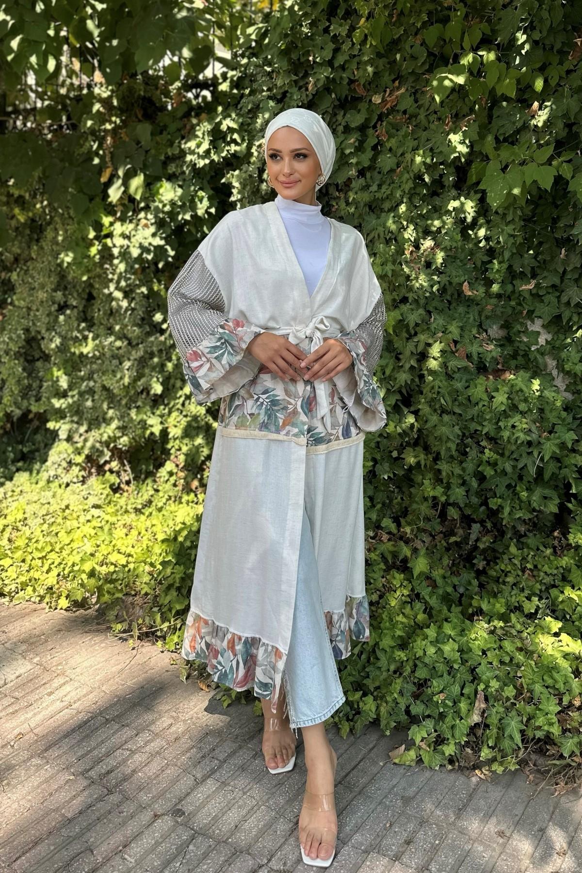 File Detay Palmiye Kimono BEYAZ