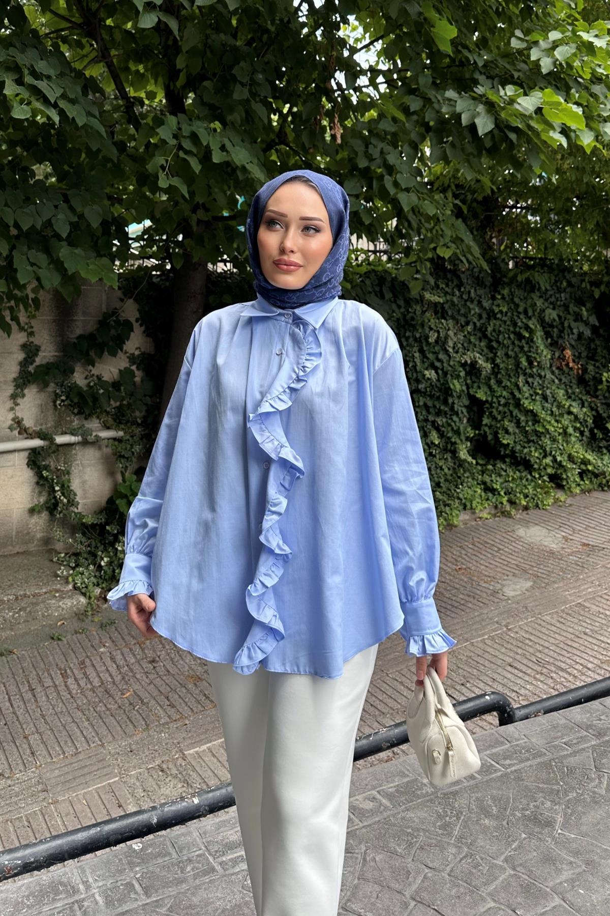 Fırfır Detay Poplin Tunik MAVİ