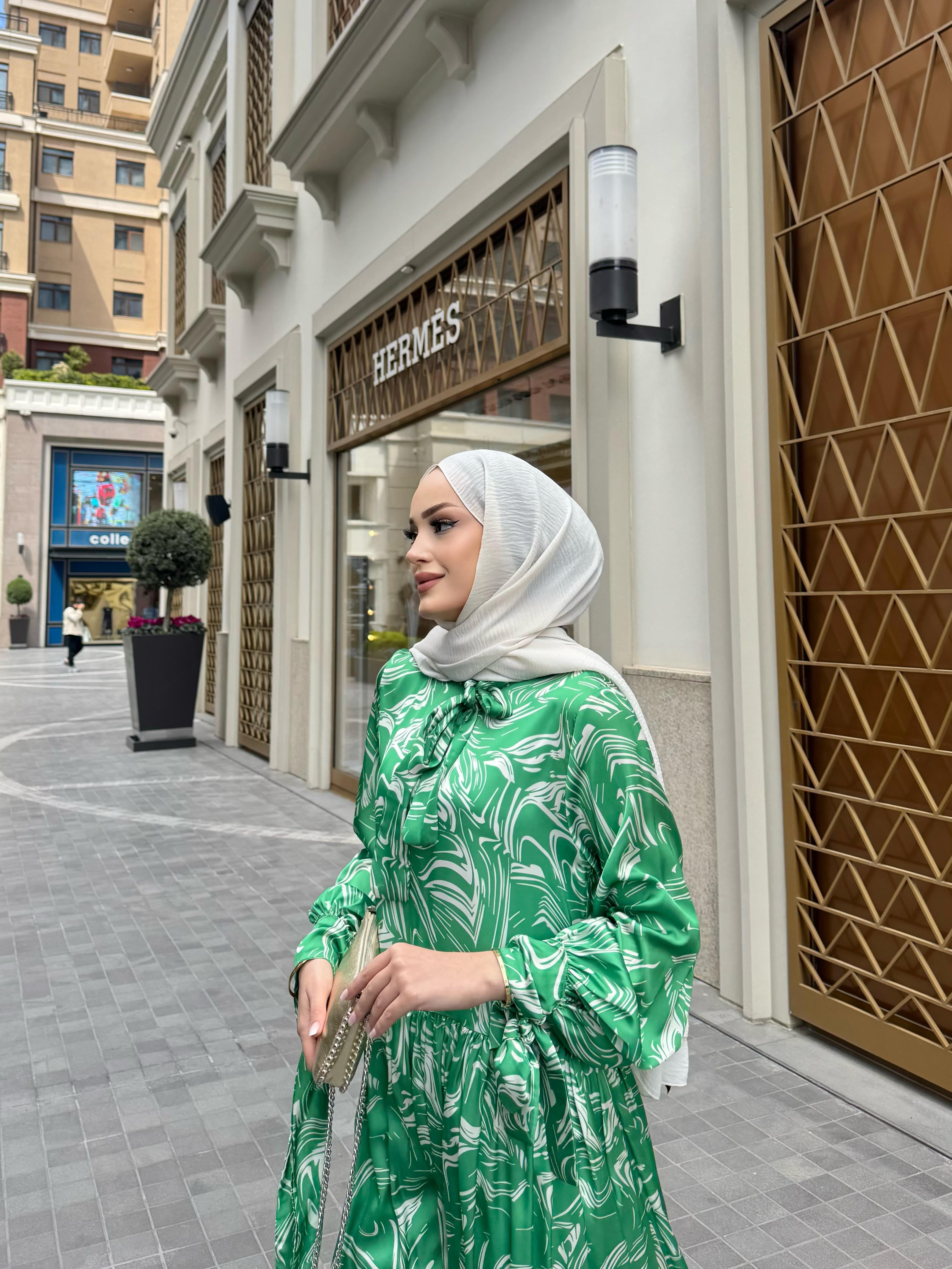 Geo Pamuk Saten Elbise Yeşil