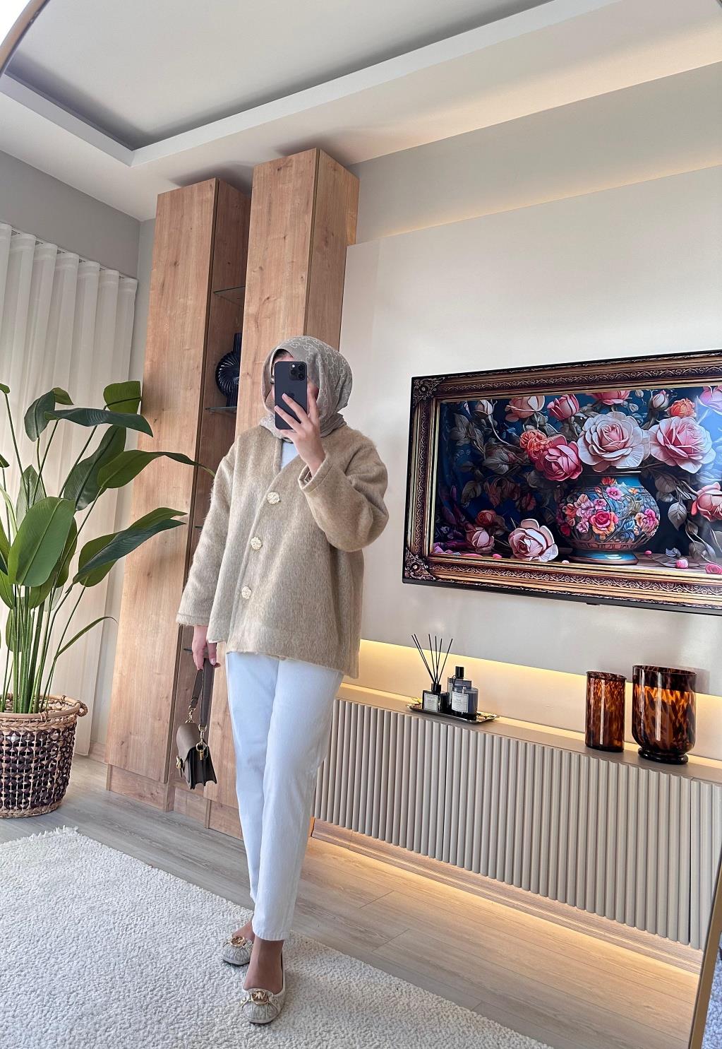 Gold Düğmeli Kaşe Ceket KREM
