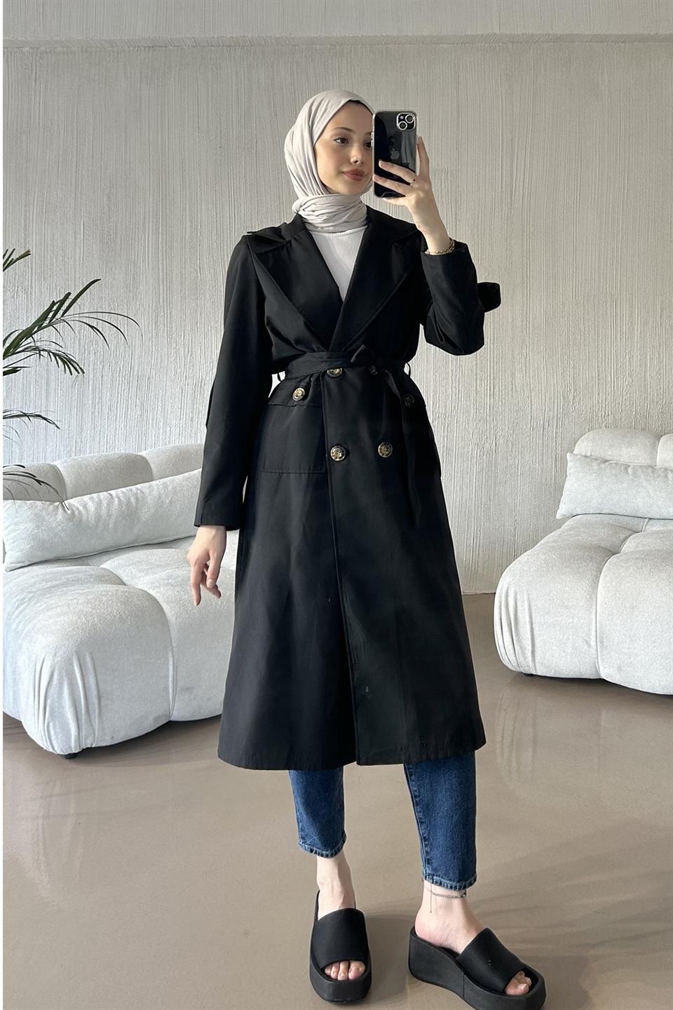 Kruvaze Yaka Çift Cep Trenckot - Siyah