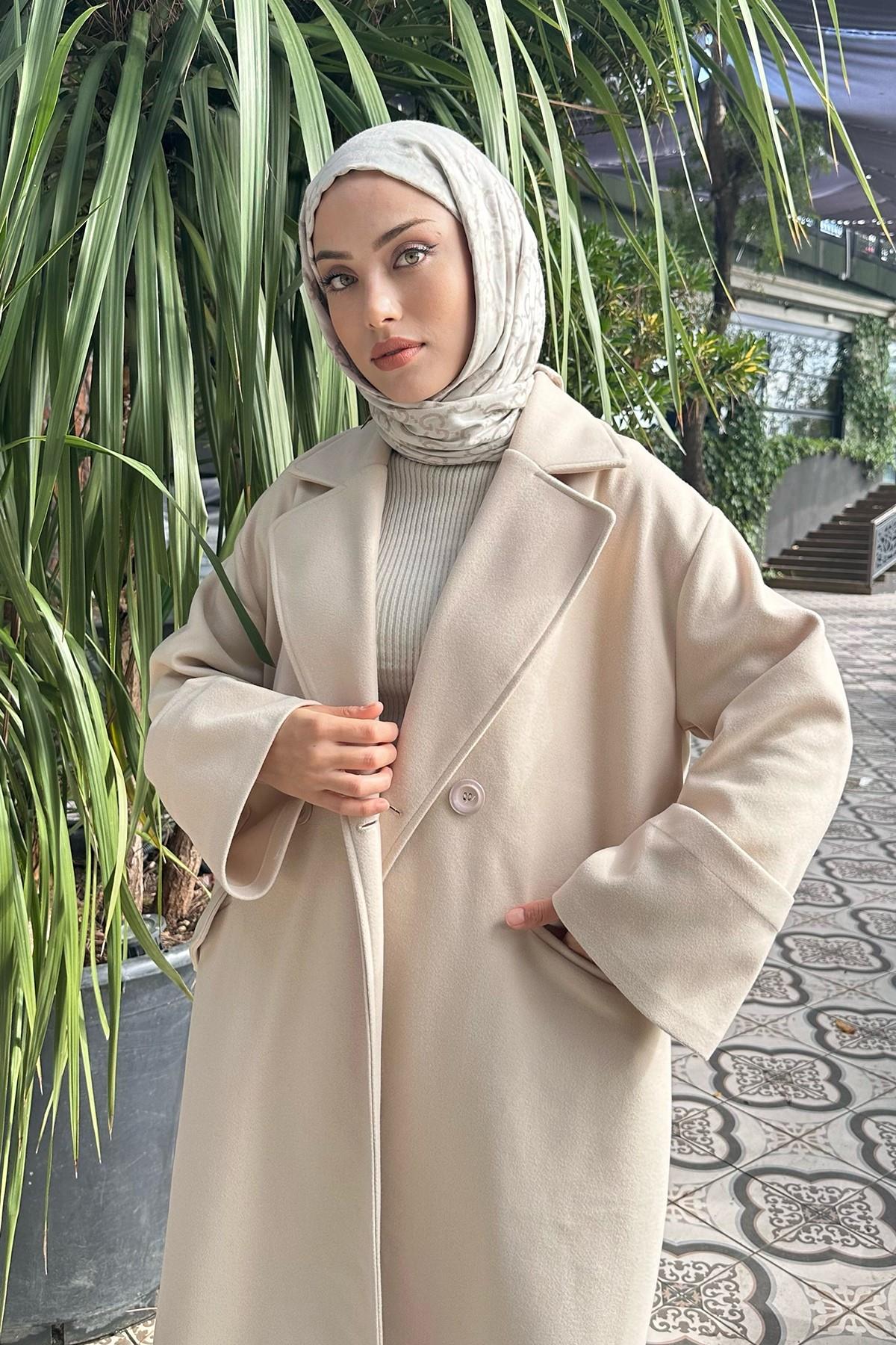 Kruvaze Yaka Oversize Kaşe Kaban KREM