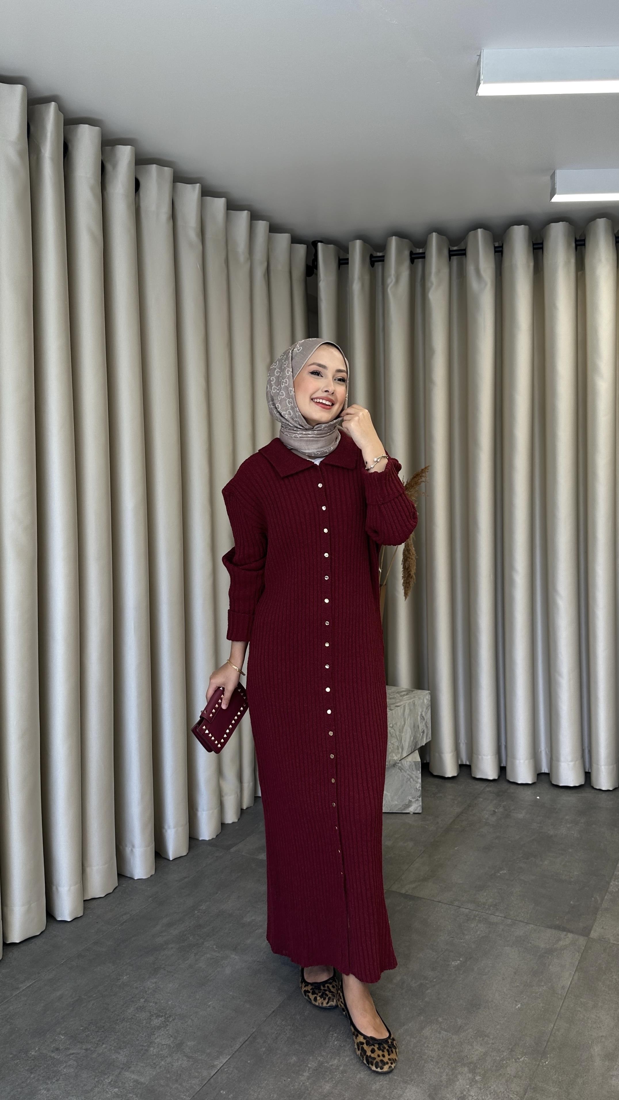 Leysa Düğmeli İpli Elbise Bordo