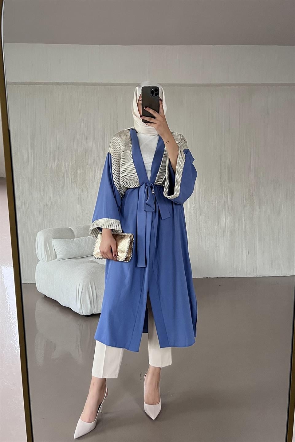 Mosskrep File Detay Yarasa Kol Abaya Kimono - Mavi