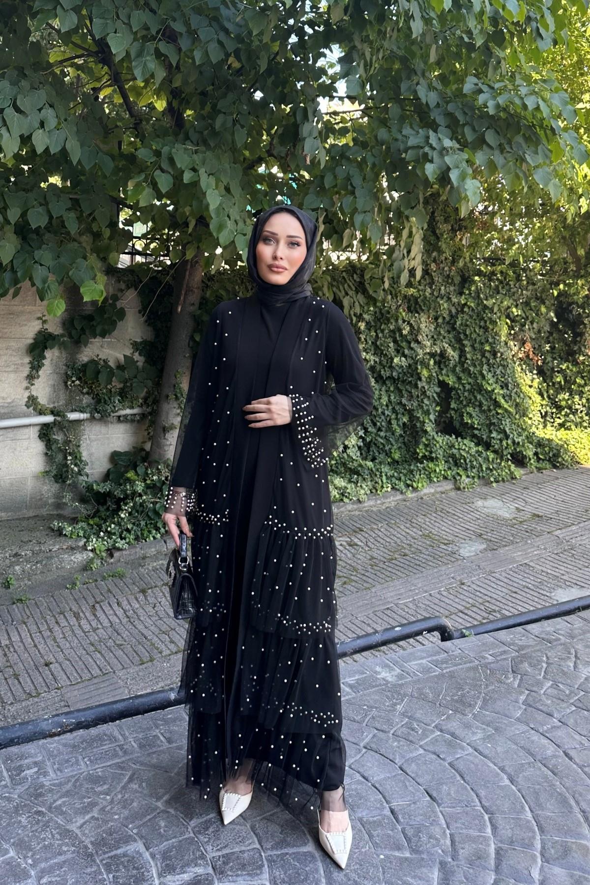 Nahel Fırfır Detay İnci Abaya SİYAH