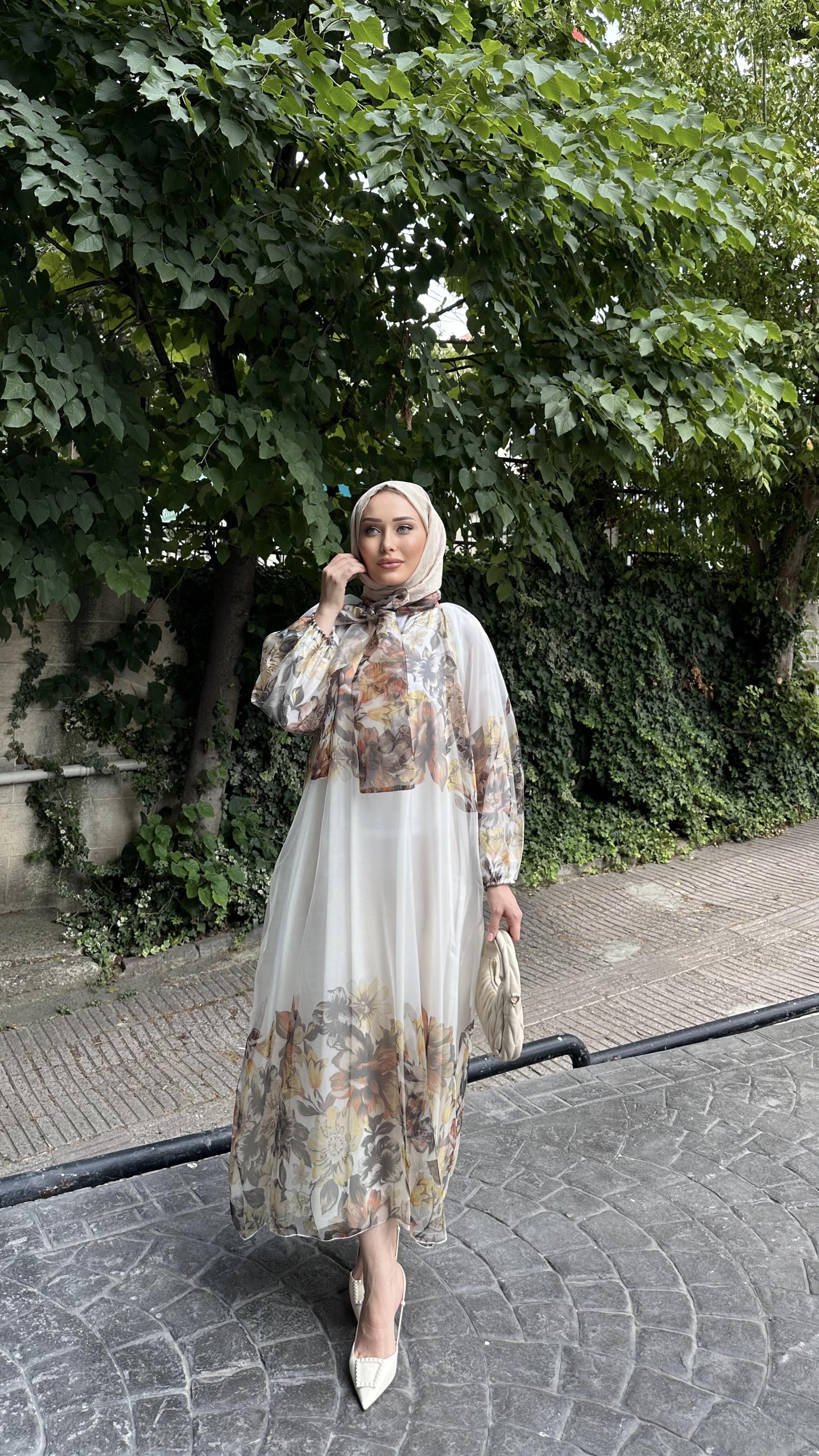 Organze Çiçek Detay Elbise BEYAZ