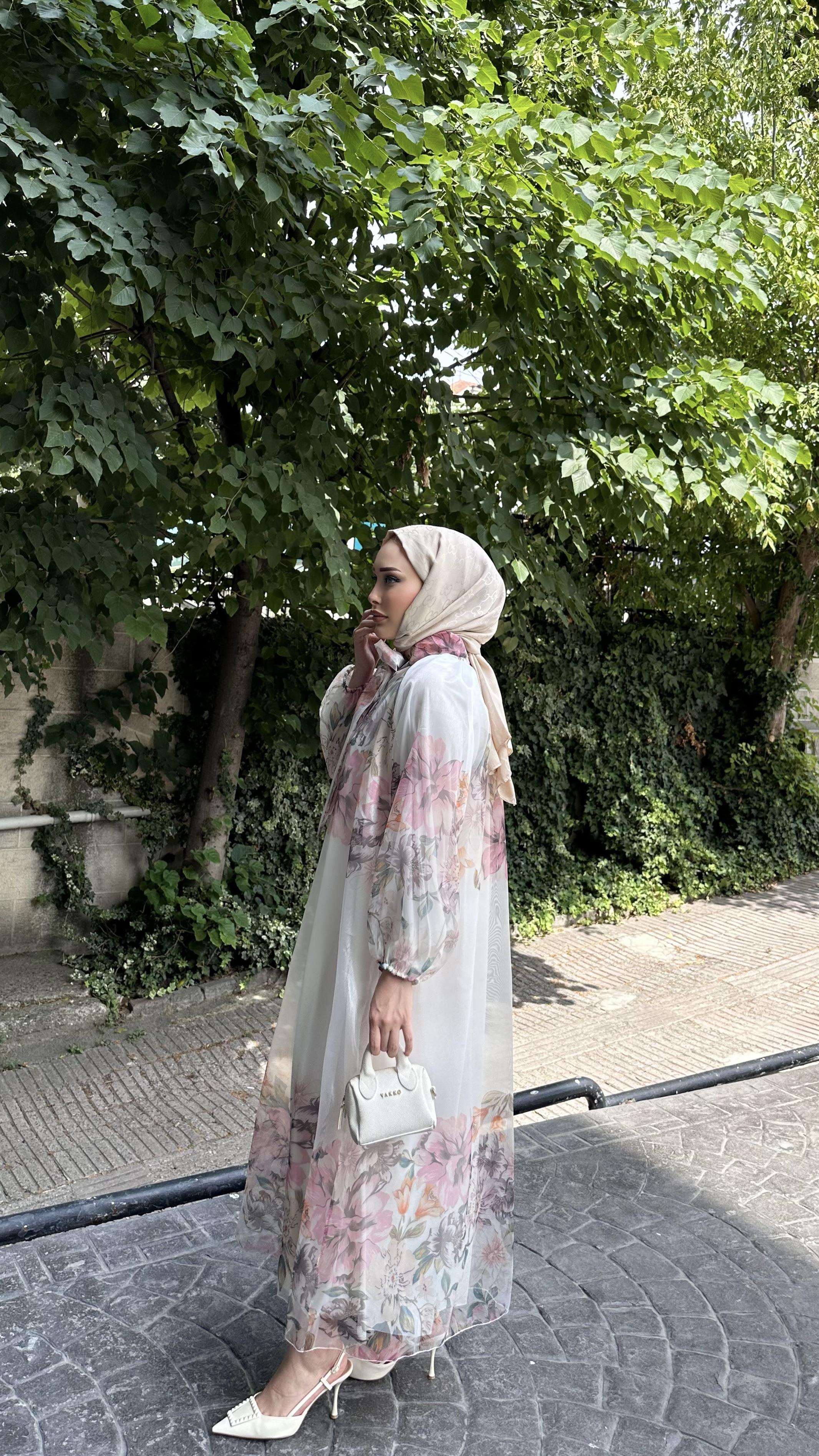 Organze Çiçek Detay Elbise PEMBE