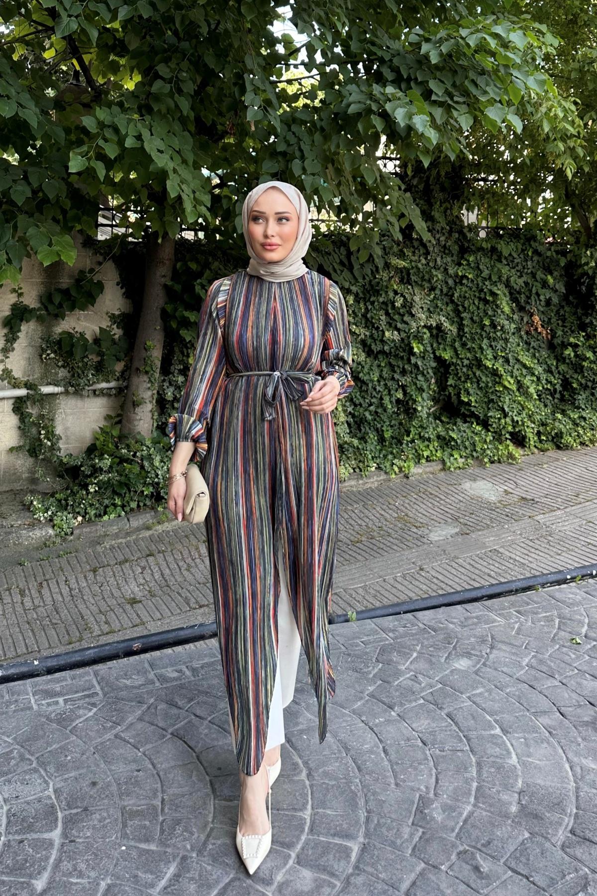 Piliseli Çok Renkli Tasarım Tunik YEŞİL