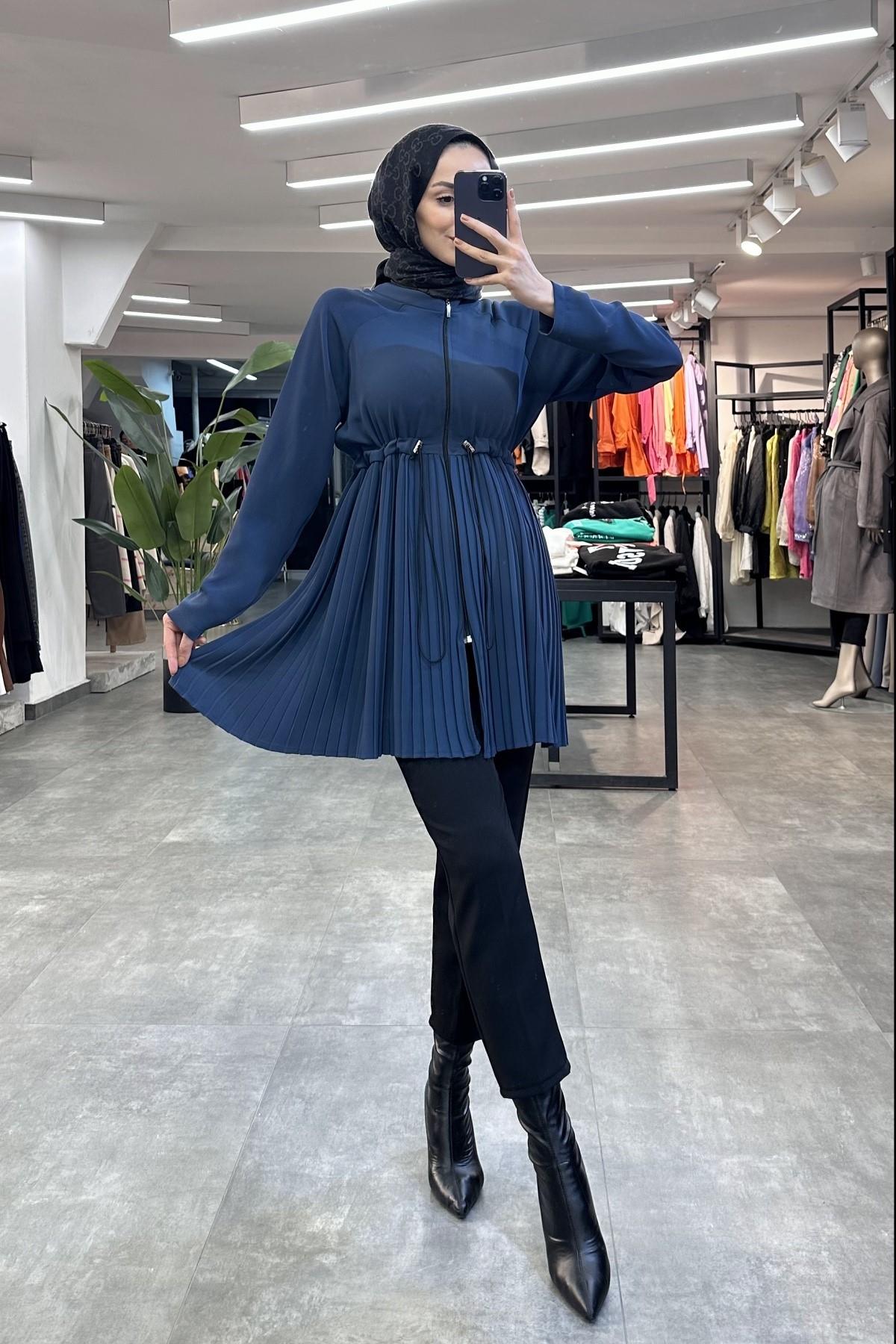 Piliseli Fermuarlı Kap MAVİ