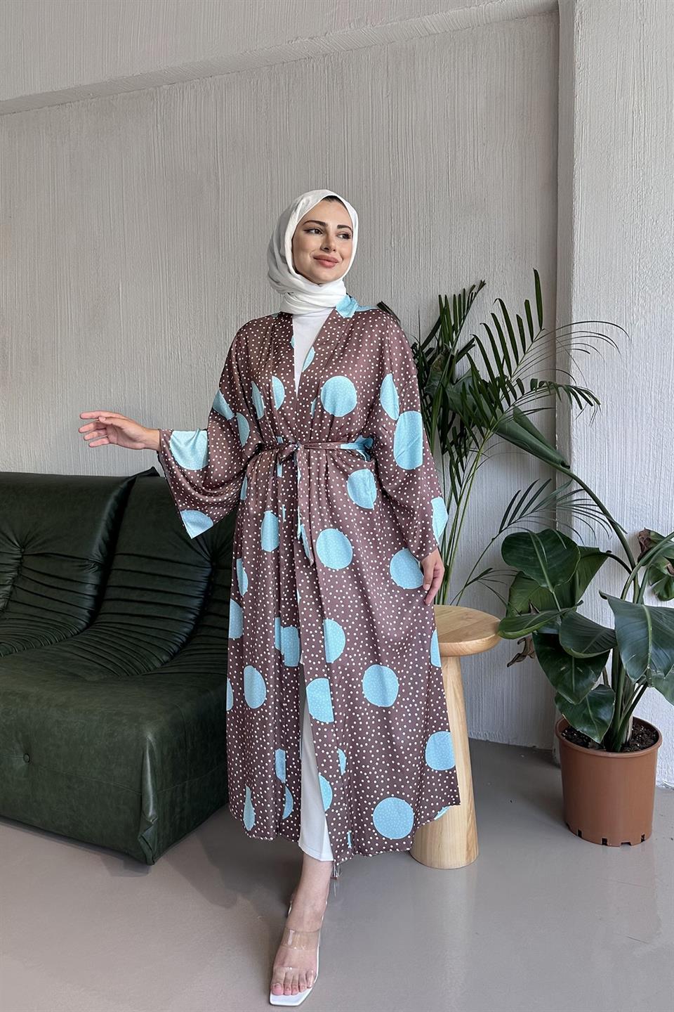 Puantiye Detaylı İnci Kimono KAHVERENGİ
