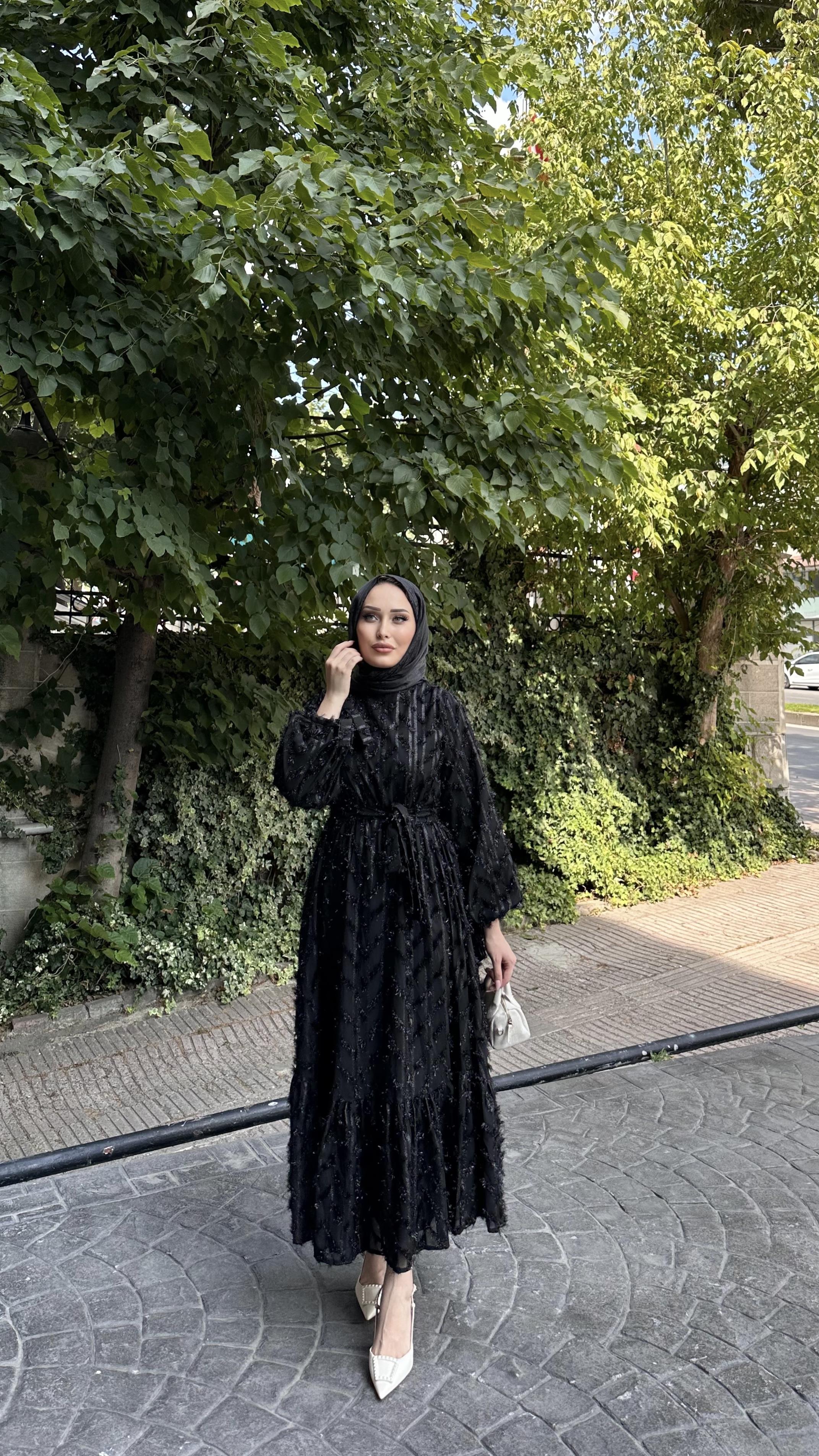 Saçaklı Parlak Elbise SİYAH