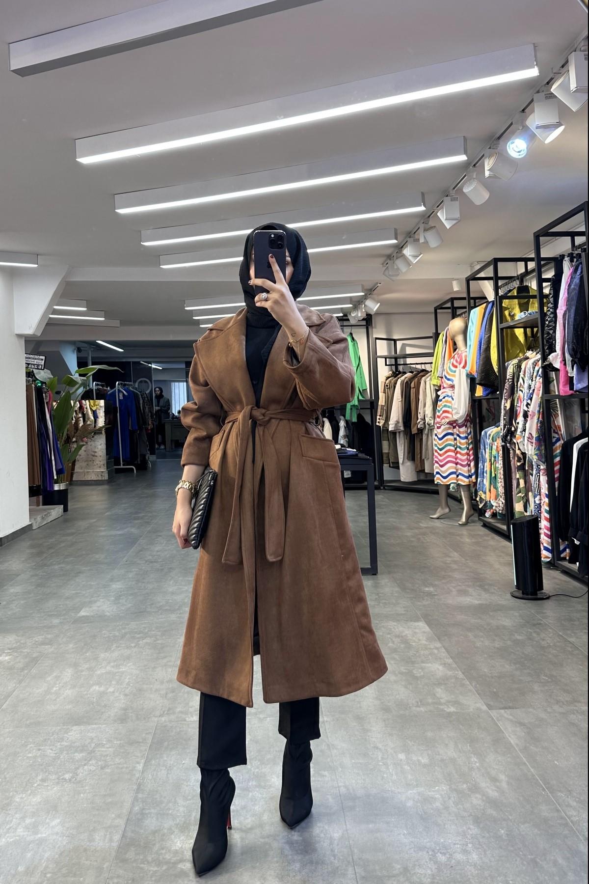 Soft Dokulu Trenckot KAHVERENGİ