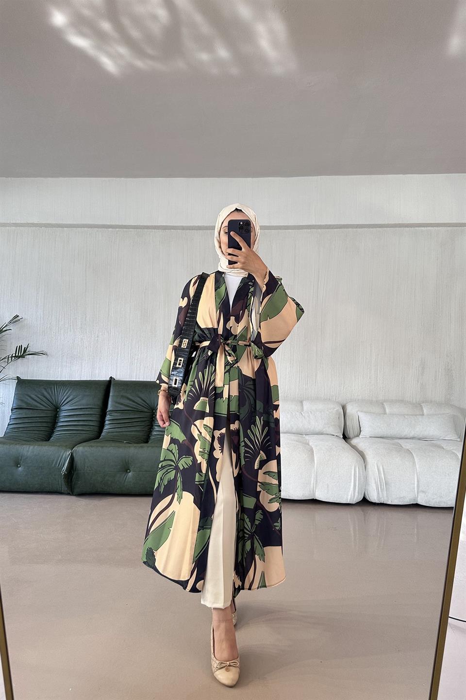 Yaprak Desenli Soft Kimono YEŞİL