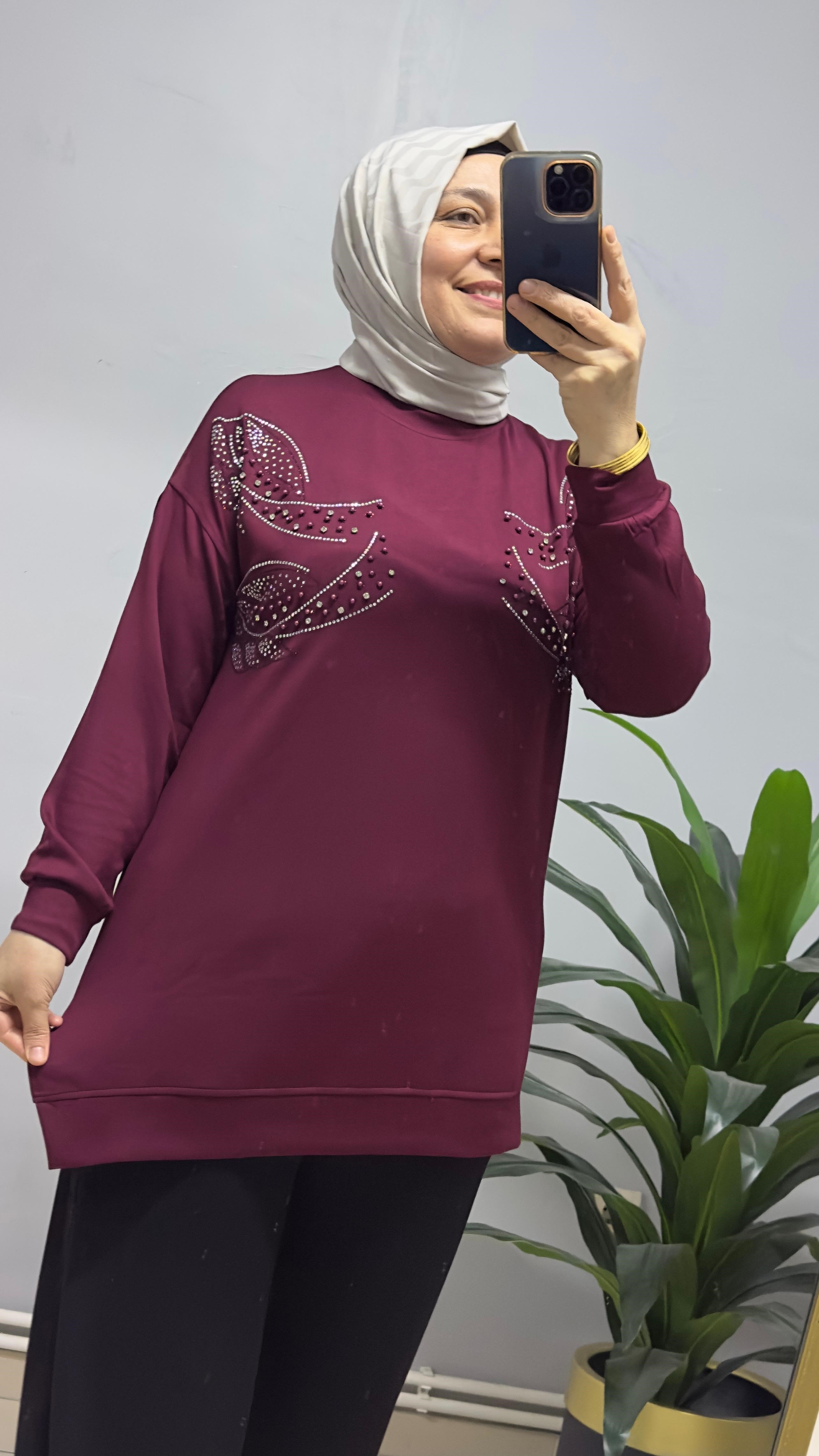 BORDO YAPRAK DESENLİ TUNİK