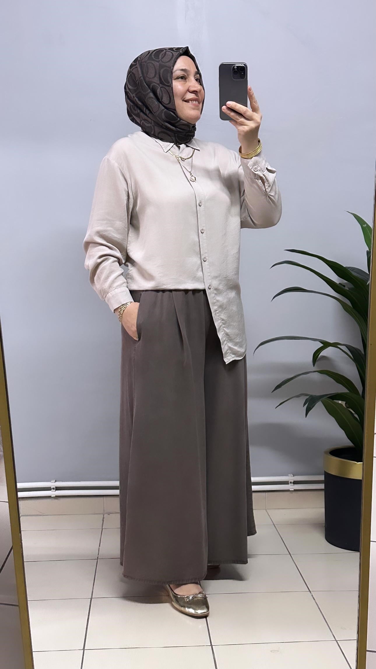 KAHVERENGİ TENSEL ETEK PANTOLON