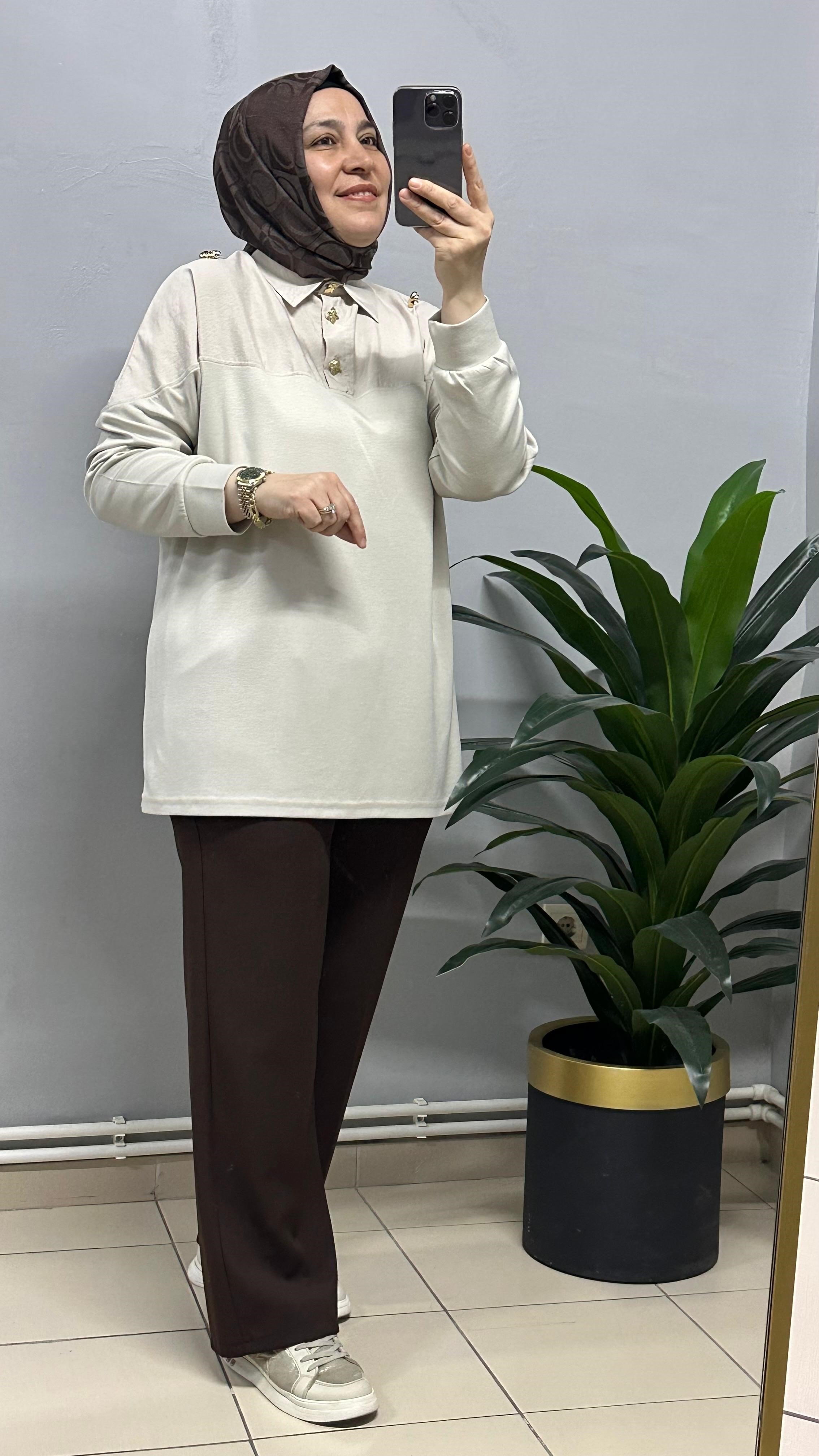 TAŞ RENGİ JAKAR DETAYLI TUNİK