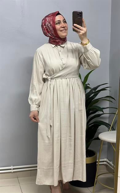 TAŞ RENGİ BAĞLAMA DETAYLI ELBİSE
