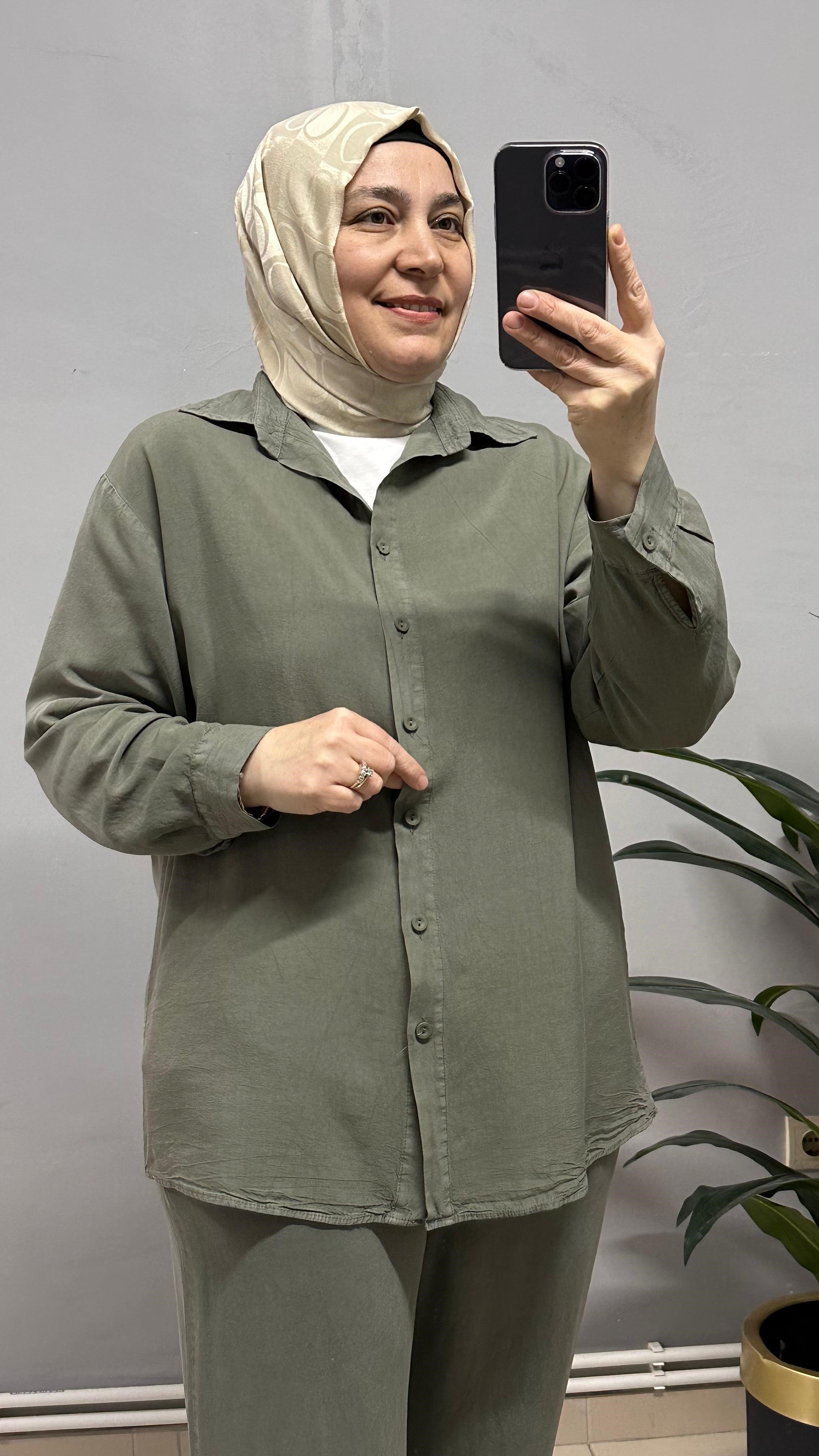 HAKİ YEŞİL TENSEL KUMAŞ GÖMLEK
