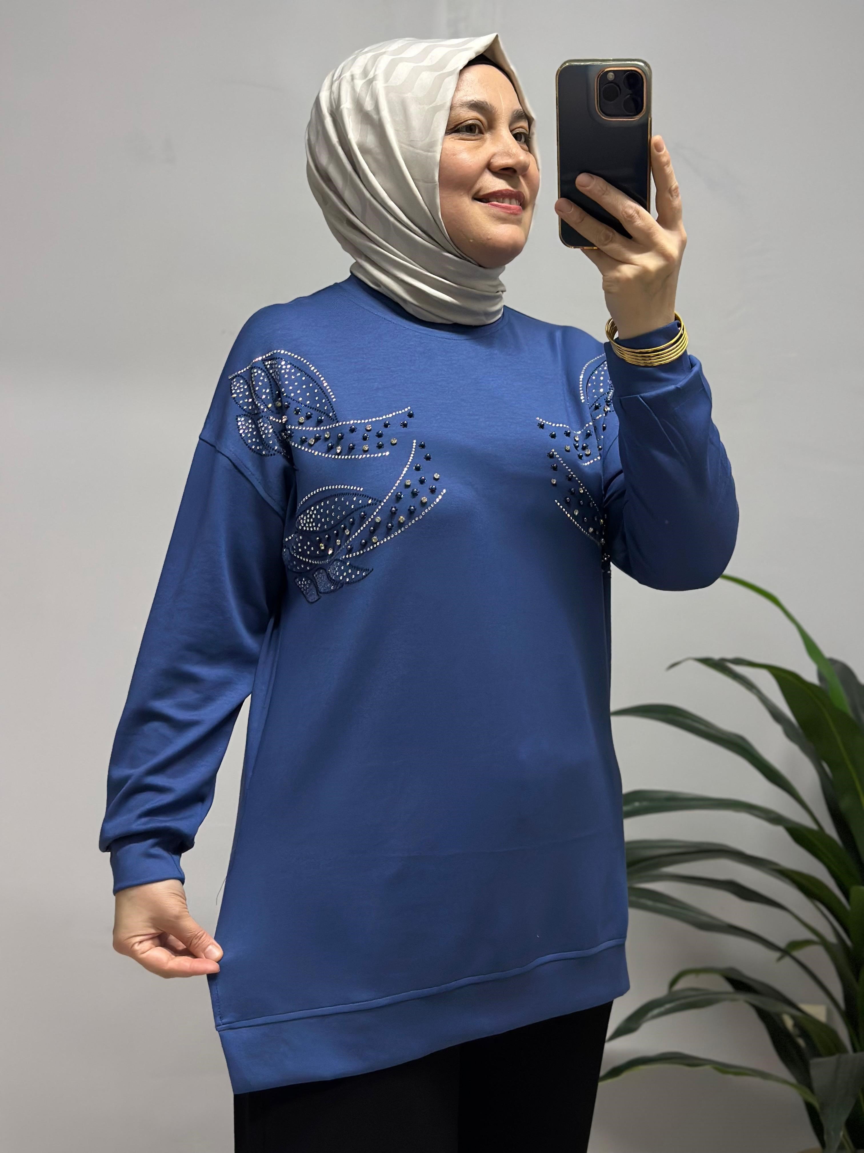 İNDİGO MAVİ YAPRAK DESENLİ TUNİK