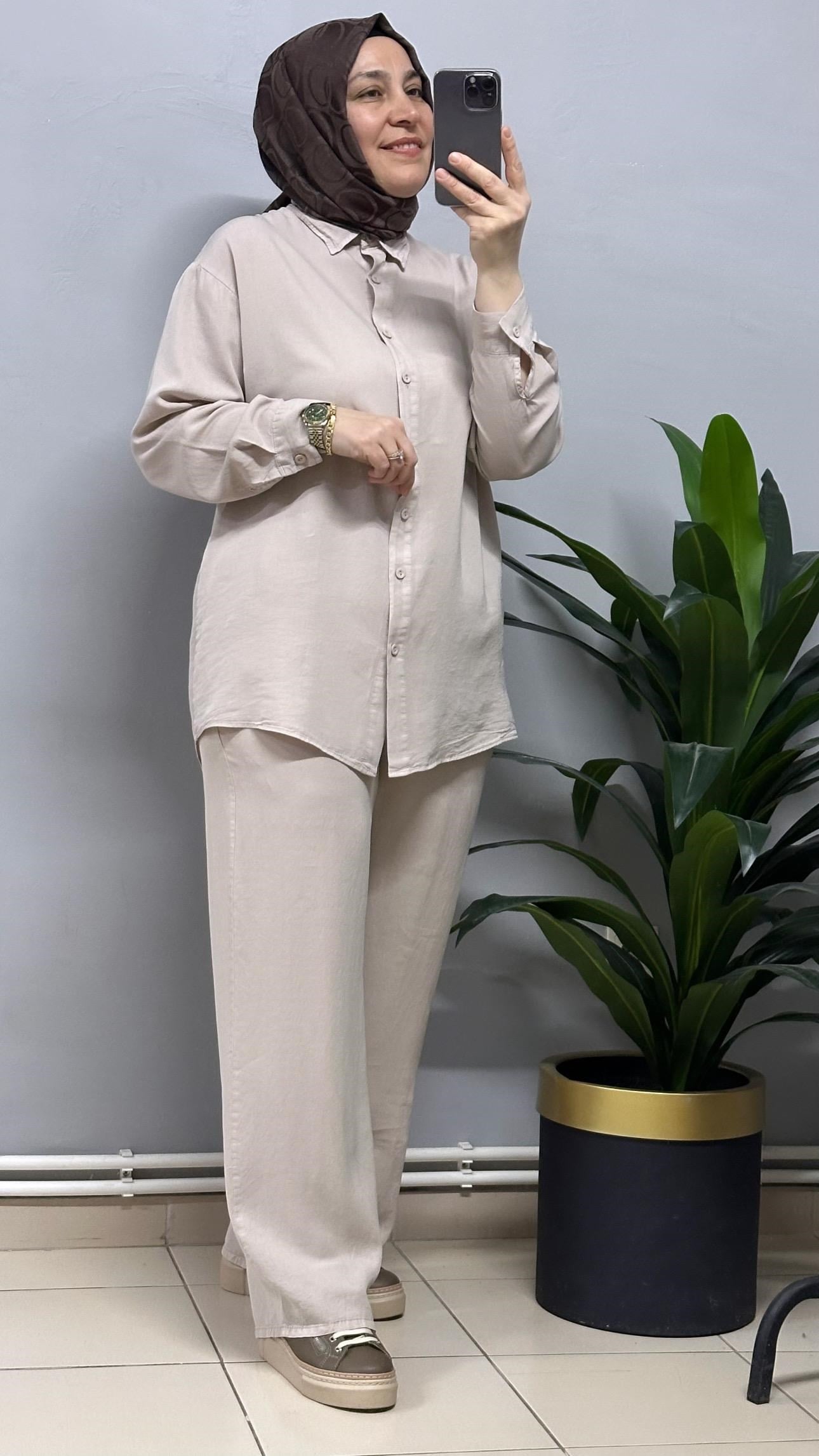 TAŞ RENGİ TENSEL KUMAŞ PANTOLON