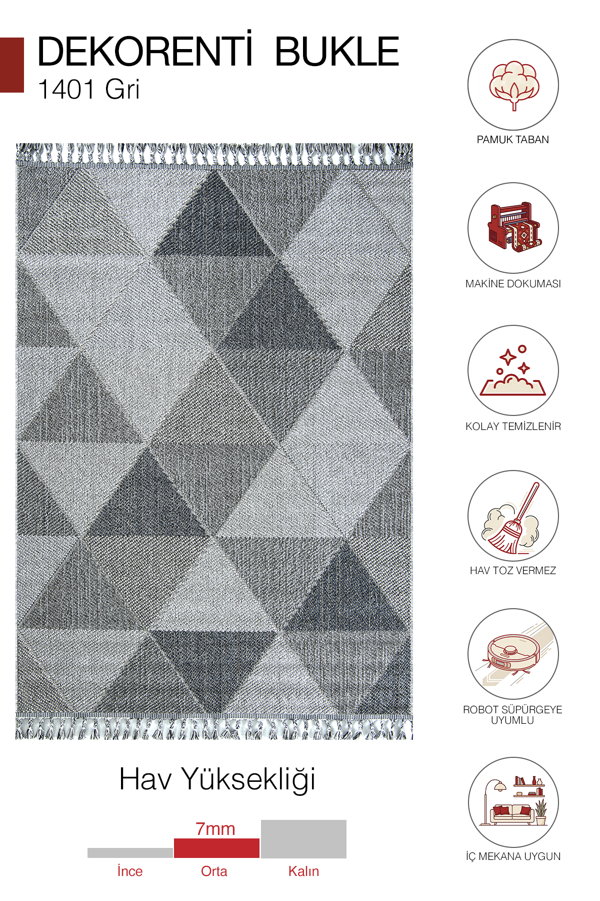 Bukle 1401 Gri - Yumuşak Dokulu Kolay Temizlenen Oturma Odası Halısı