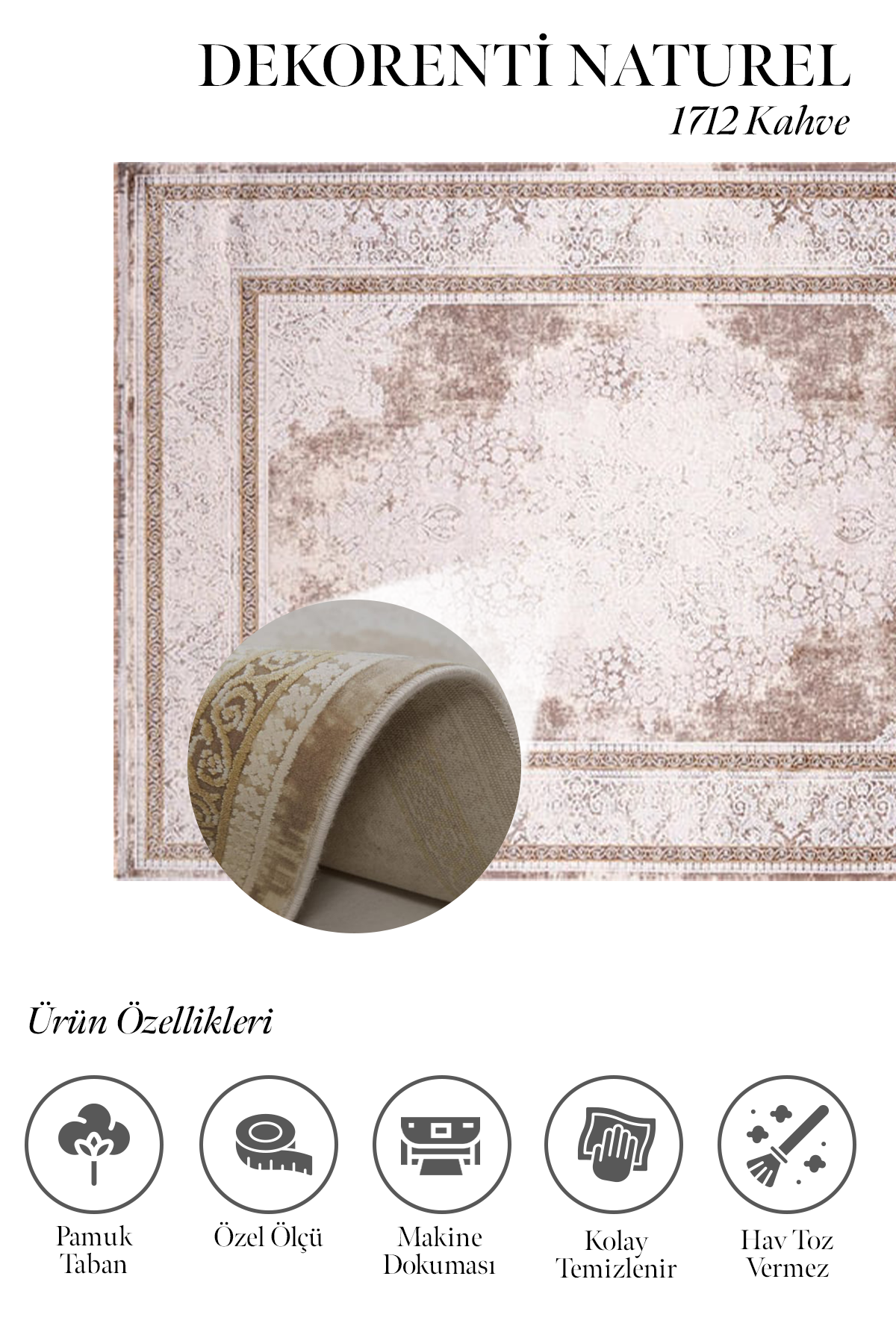 Naturel 1712 Kahve - Vintage Görünümlü Kahve Renk Halı Modeli