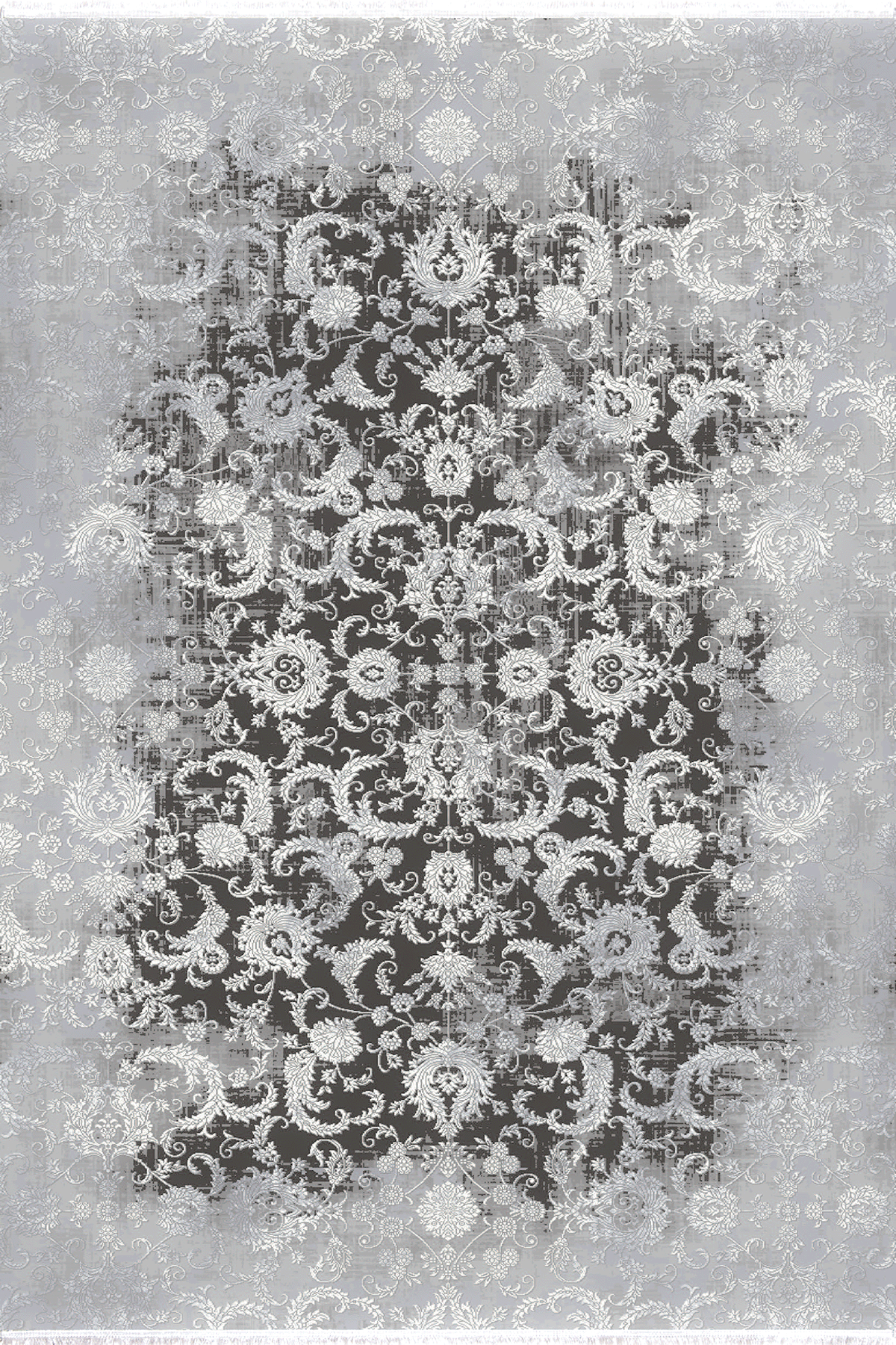 Naturel 1715 Gri - Vintage Gri Üzerine Beyaz Barok Halı Modeli