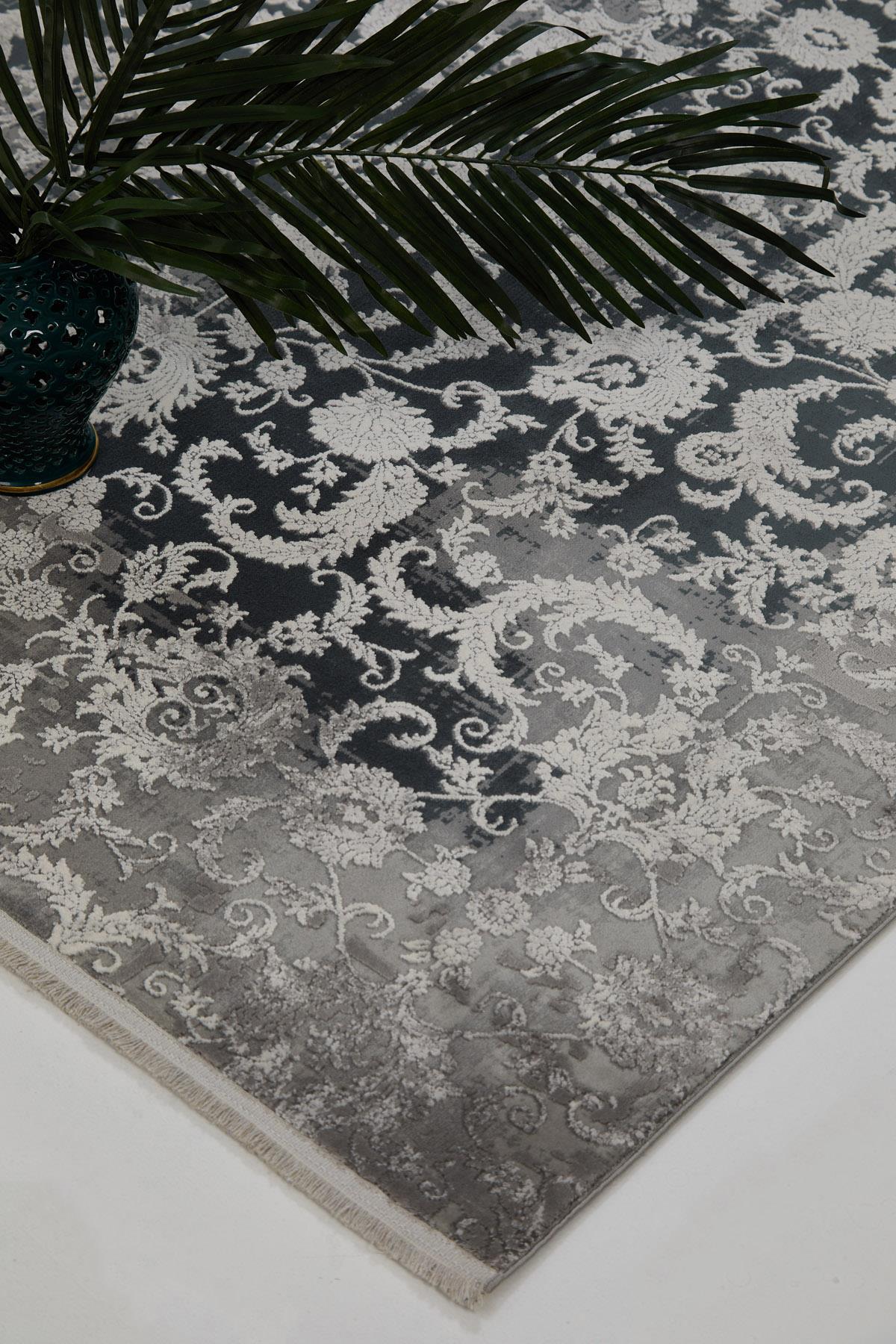 Naturel 1715 Gri - Vintage Gri Üzerine Beyaz Barok Halı Modeli