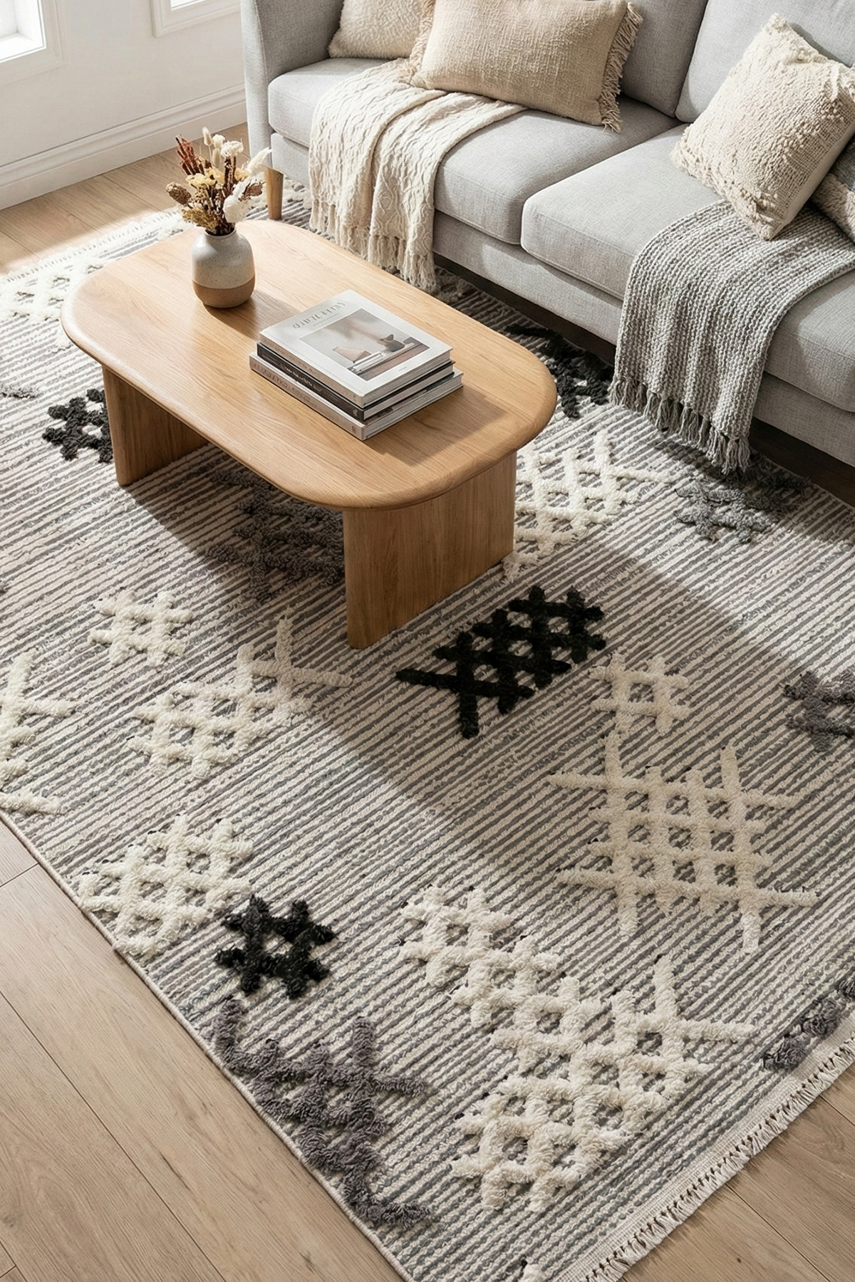 Step 2205 Gri - Dokulu Etnik Desenli Gri Halı