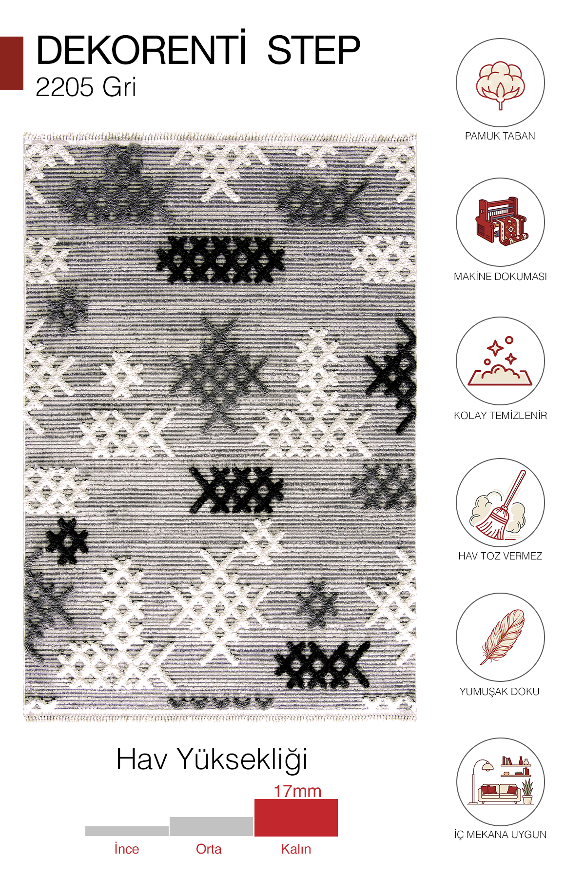 Step 2205 Gri - Dokulu Etnik Desenli Gri Halı