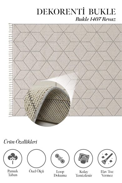 Bukle 1407 Beyaz - Üç Boyutlu Geometrik Tasarımlı Oturma Odası Halısı