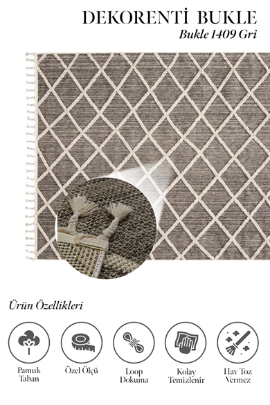 Bukle 1409 Gri - Yumuşak Dokulu ve Kolay Temizlenen Oturma Odası Halısı