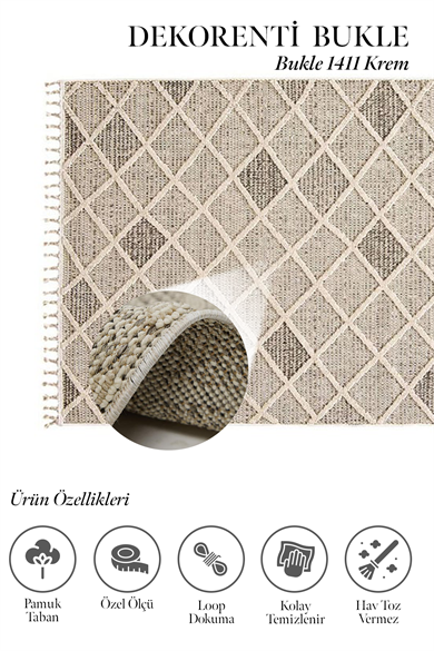 Bukle 1411 Krem - Elmas Desenli Modern Salon ve Oturma Odası Halısı