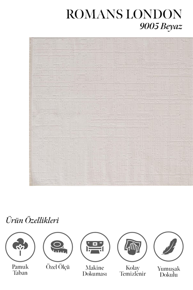 London 9005 Beyaz - Minimal Desenli Beyaz Salon Halısı