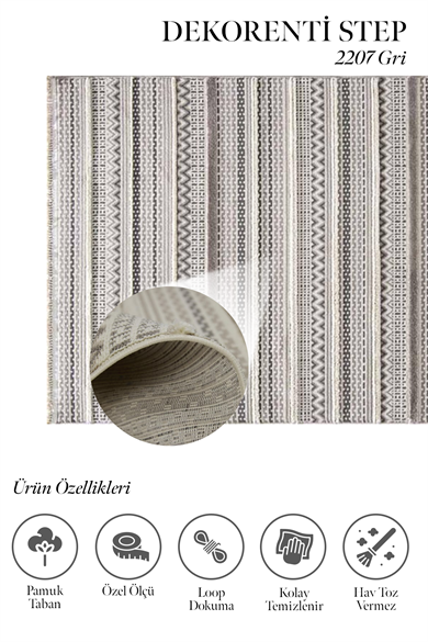 Step 2207 Gri - Modern Boho Stilde Gri Çizgili Halı