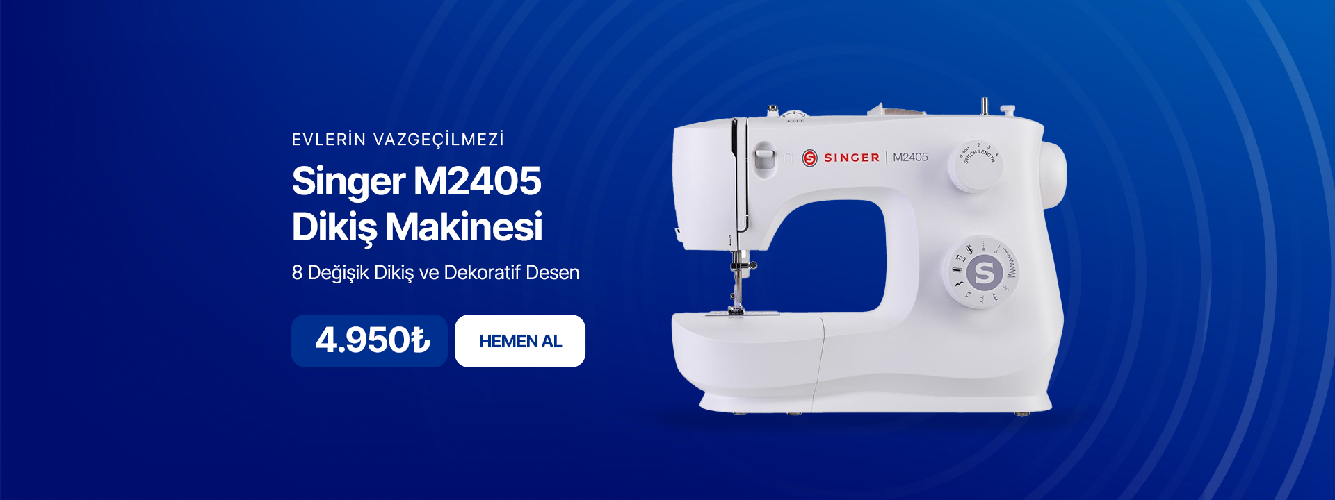 Singer M2405 Dikiş Makinesi - 8 farklı dikiş ve dekoratif desen özelliğiyle evlerin vazgeçilmezi, beyazesyabul.com üzerinde 4.950₺ fiyatıyla hemen satın alınabilir.