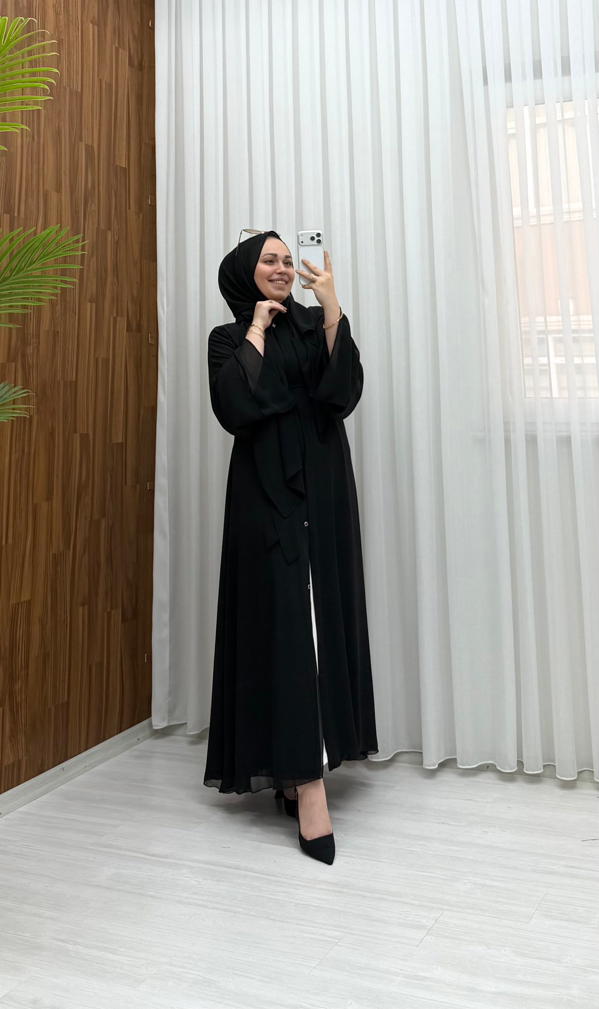 Qup Hümay Çıtçıtlı Şal Detay Abaya Siyah 10063 