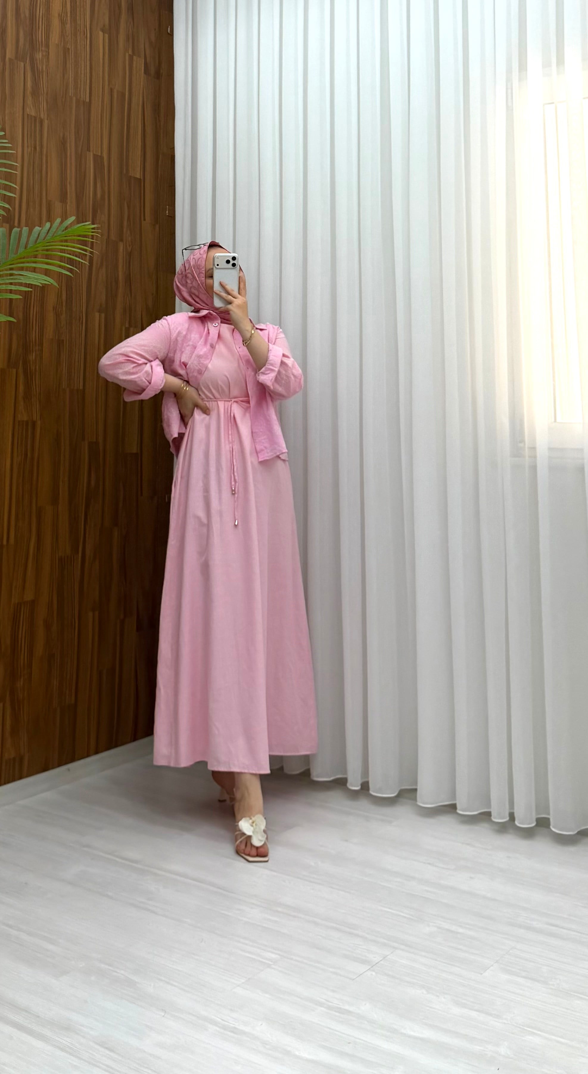 Binay Etnik Desen Keten Elbise Pembe 1011 