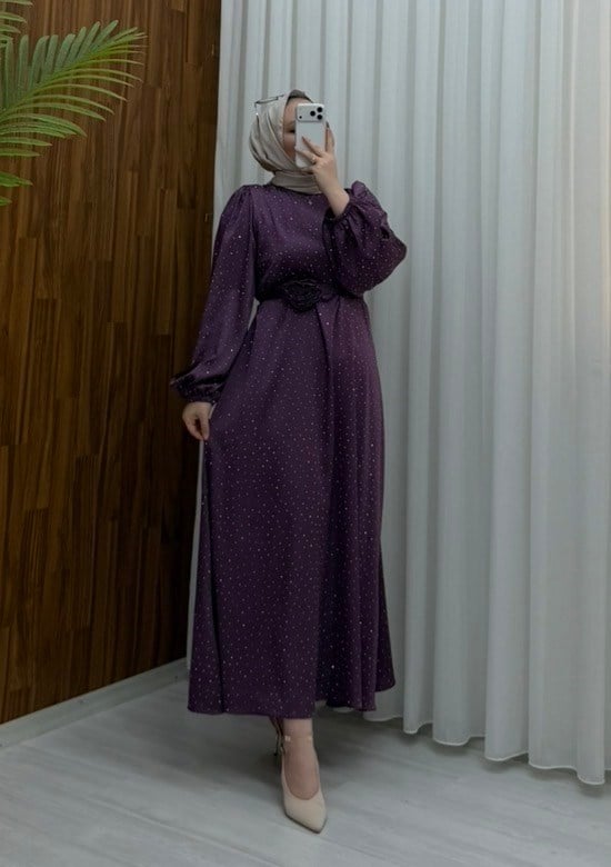 Enderon Taşlı Gül Kemerli Abiye gül kurusu  1136 